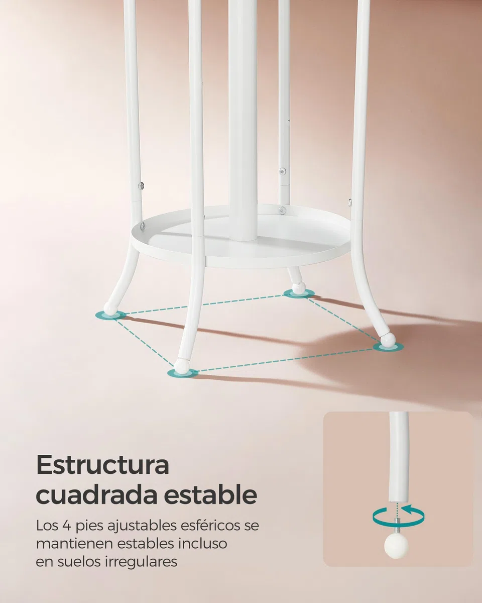 SONGMICS Perchero, Perchero con Paragüero, 12 Ganchos, Estructura Metálica, 175 cm de Alto, para Entrada, Salón, Dormitorio, Blanco Perla RCR011W01