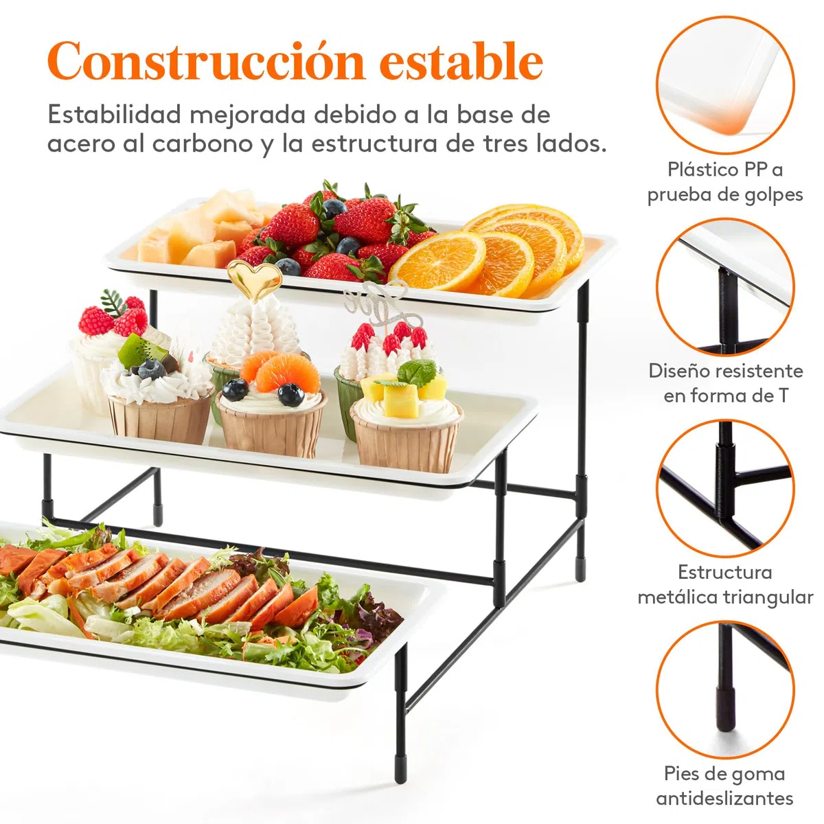 Bandeja de 3 Niveles para Fiestas Lifewit, Bandejas de plástico de 30x17cm para Alimentos, Bandejas Reutilizables Blancas con Soporte de exhibición de Metal Negro para Alimentos