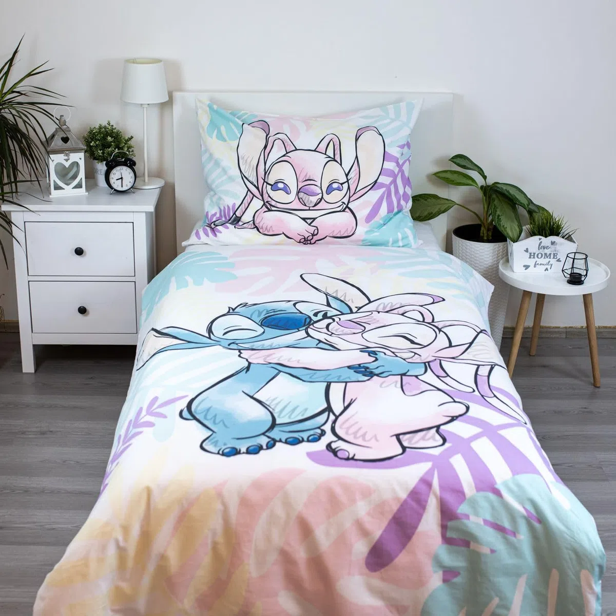 Stitch y Angel Hojas Funda Nórdica Cama 90 140x200 + Funda Almohada 70x90 | Ropa de cama reversible | Algodón natural transpirable Oeko-Tex | Disney Lilo & Stitch | Adolescente | Regalo | Idea regalo