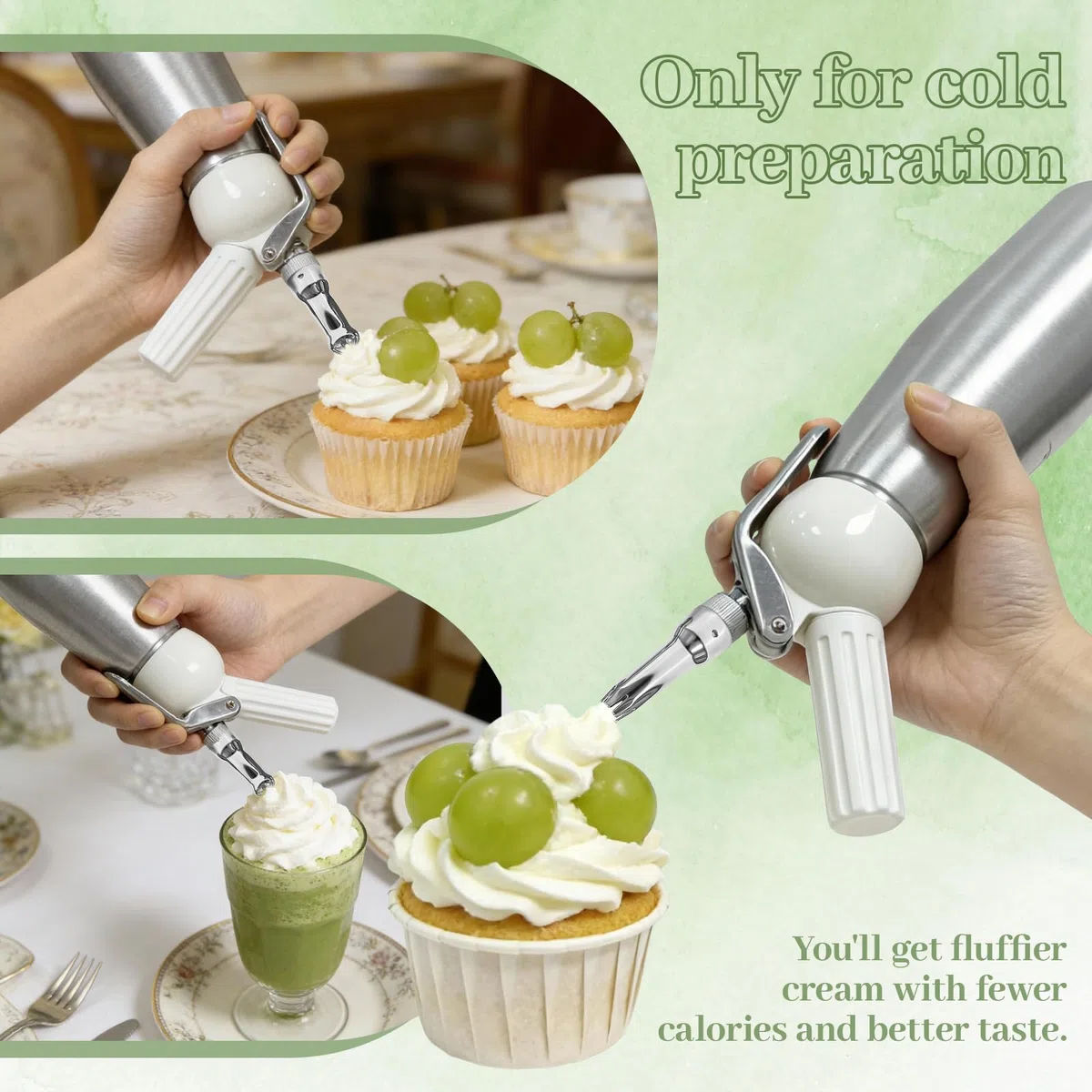 Sifon Cocina, para Nata Cocinar, Nata para Montar, Mousse, Pastel, Café, Postres, Sifón Cocina Nata, 500 mL, Acero Inoxidable de Grado Alimenticio, 3 Boquillas + 1 Cepillo Limpieza (A)