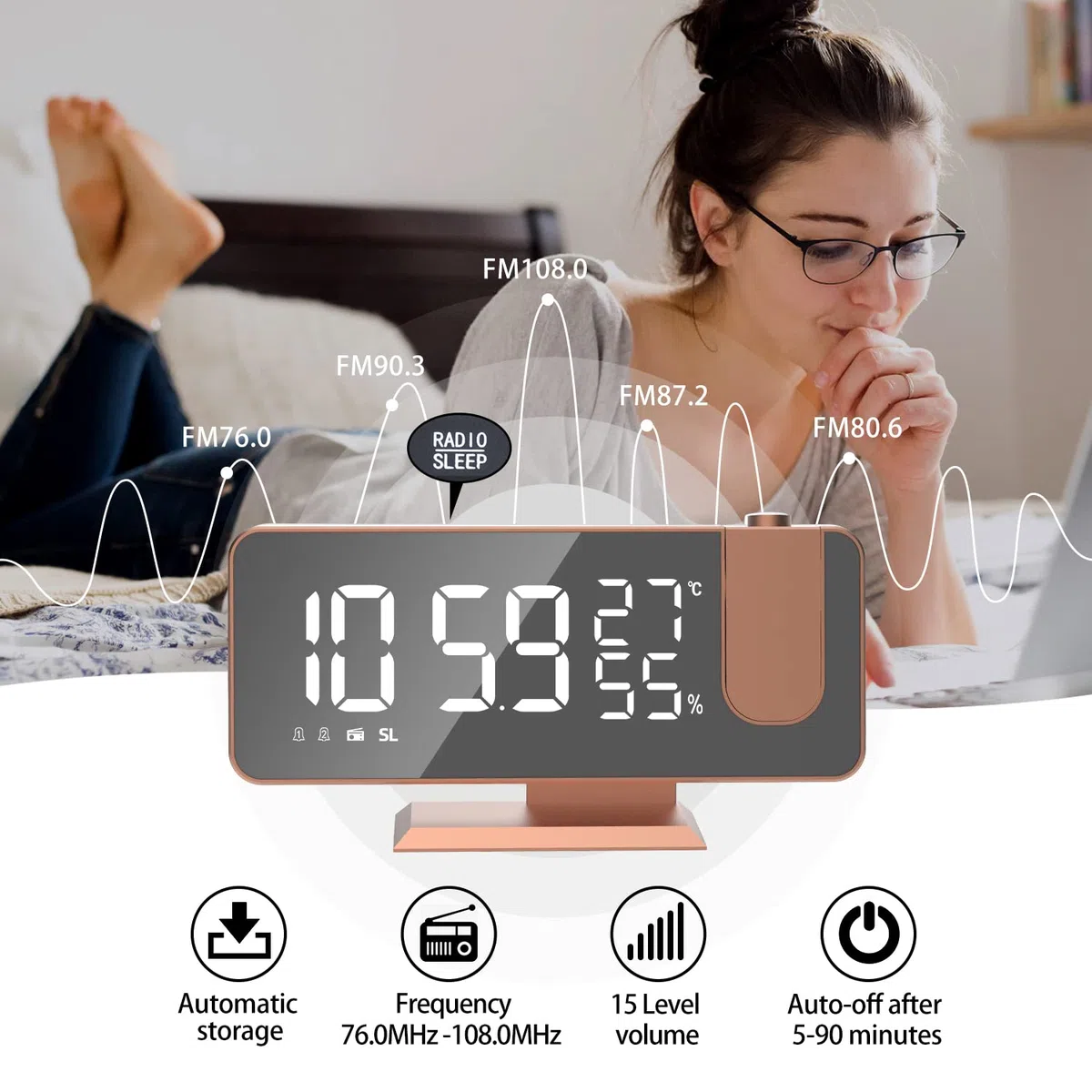 Reloj Despertador con Proyector Funciona con Red, para mesita de Noche Temperatura Indicador de Humedad Incluye Adaptador