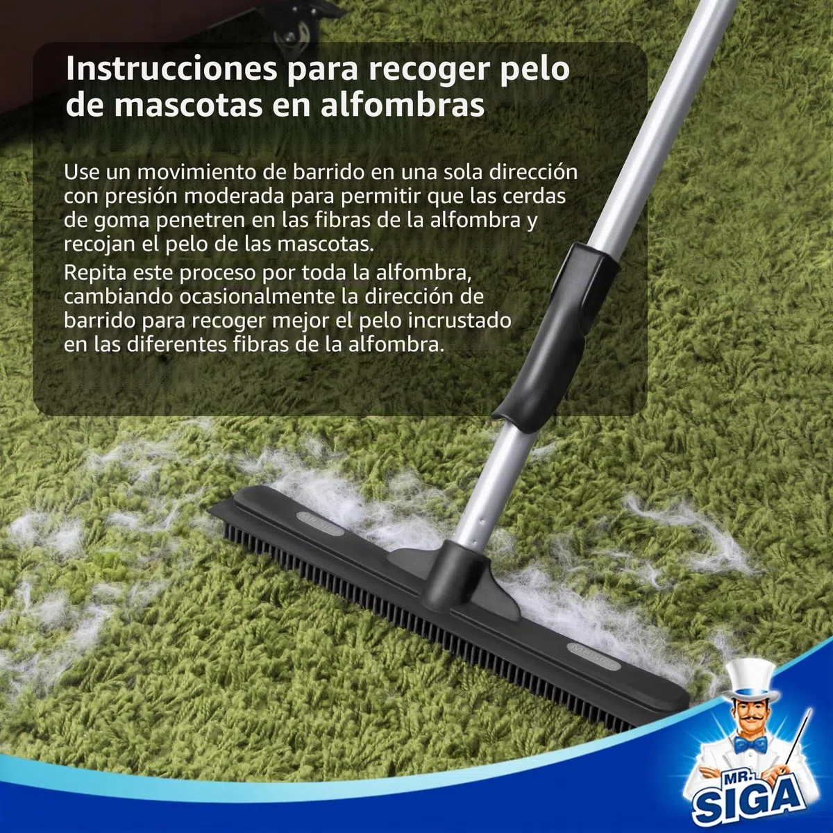 MR.SIGA Escoba de Goma, Escoba con Cerdas de Caucho Natural para Pelo Humano y de Mascotas Uso en Interior y Exterior. Limpia Alfombras, Suelos de Madera, Cubiertas y Ventanas