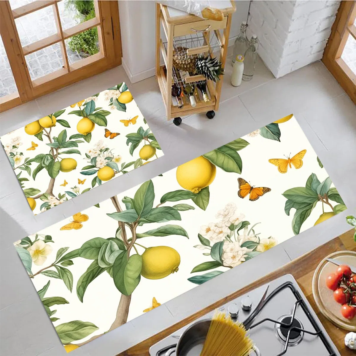 2 Piezas Antideslizante Cocina Absorbente Lavable Jardín De Limones Alfombra De Pie De Cocina Plantas Naturales para Comedor Dormitorio Portal Salón 43X75+43X150Cm, Verde Claro