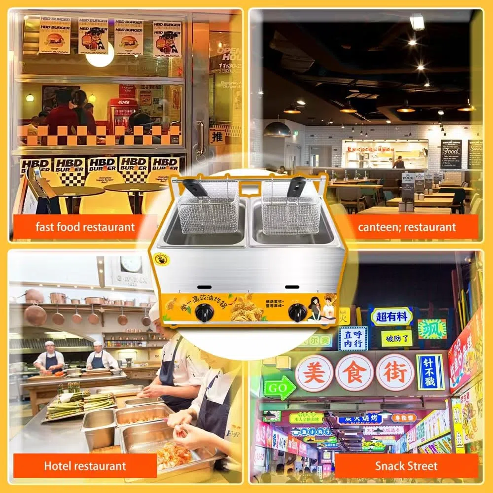 Freidora de gas comercial, cocina de acero inoxidable de alta capacidad para restaurantes, supermercados y soportes de comida rápida, equipo de cocina profesional