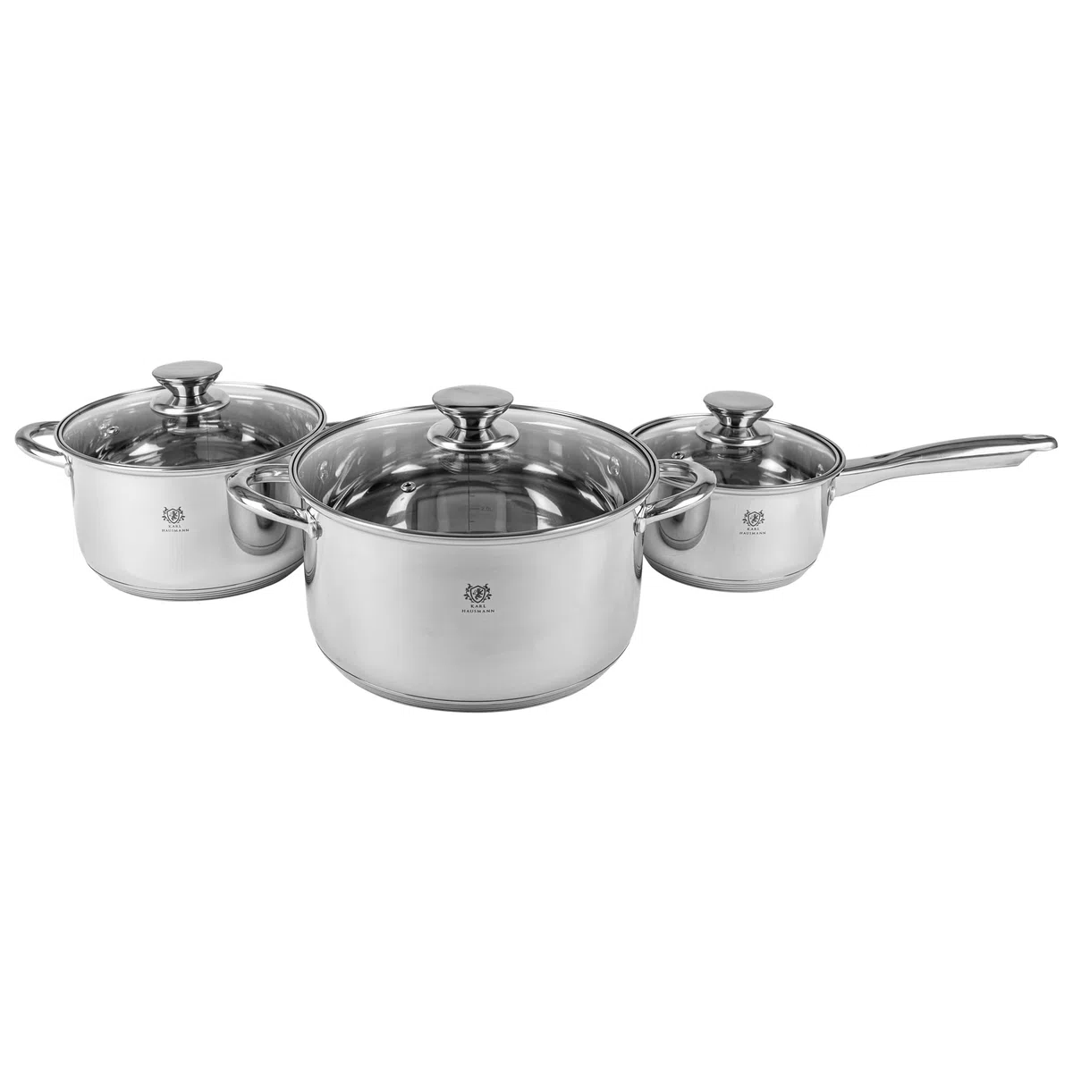 KARL HAUSMANN Bateria Cocina Acero Inoxidable con Tapa de Vidrio - 2 Ollas y 1 Cazo, Aptas para Inducción, Fondo Multicapa para Cocción Uniforme, Válidas para Todo Tipo de Cocinas