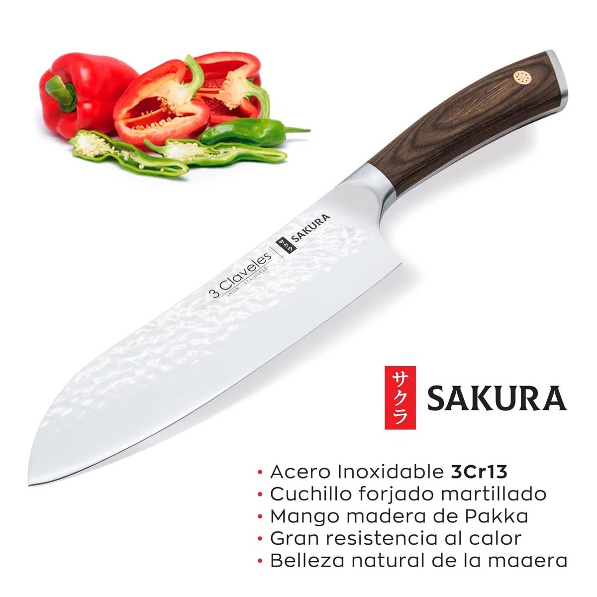3 Claveles Juego de 3 Cuchillos Profesionales con Hoja Martilleada y Taco de Madera (3X Sakura Plus)