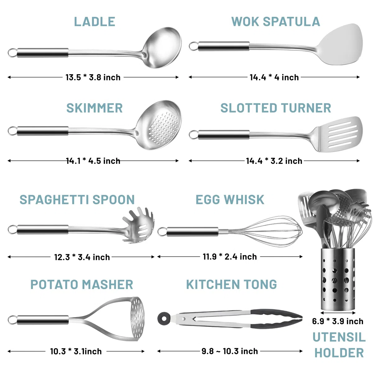 Pleafind Utensilios de cocina acero inoxidable, 9 piezas, con Cucharones de cocina, Espumadera, Espátula, Espátula ranurada, Varillas Cocina, Cuchara para Pasta, Machacador de Patatas, Pinzas Cocina