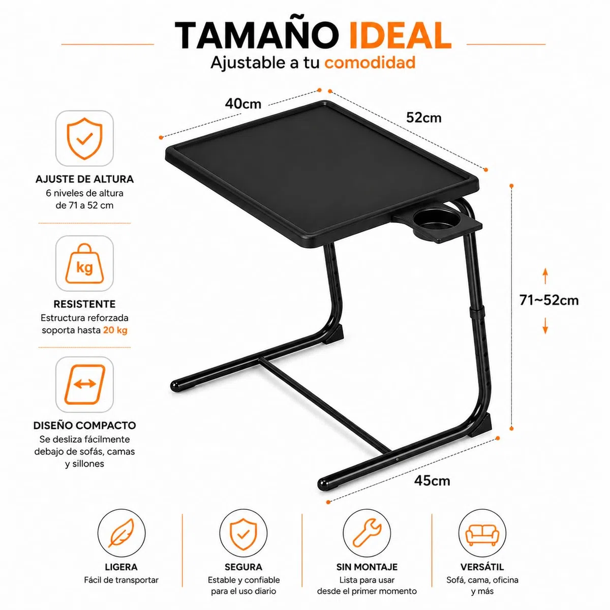 T-LOVENDO.ES Mesa Plegable Auxiliar pequeña portátil con Altura Ajustable Comedor. Ideal Escritorio Ordenador Sofa Cama o Cocina. con Posavasos. 3 ángulos, 6 Alturas.