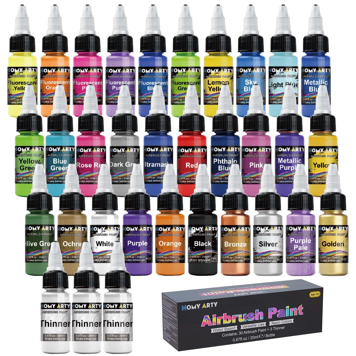 HOMY ARTY Pintura de Aerógrafo, 30 Colores Acrílico con 3 Diluyentes de Aerógrafo, a Base de Agua, Pintura Aerógrafo para Metal, Modelos de Plástico, Lienzo
