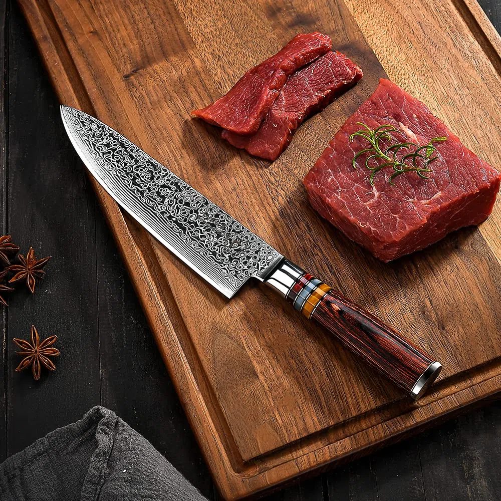 Afilado Cuchillo de Damasco 20cm, FANTECK Japonés Cuchillo de Cocinero VG10 67 Capas de Acero, Cuchillo de Cocina Cuchillo Verduras Gyuto Cuchillo de Chef Damasco - Mango de Madera Pakkawood