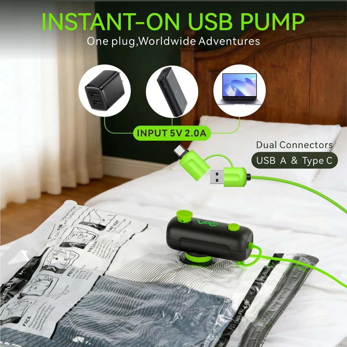 Bolsas de vacío para viajes, bomba eléctrica USB, paquete de 9 bolsas de sellado al vacío de tamaño de mano para ropa, bolsas de almacenamiento al vacío que ahorran espacio para equipaje