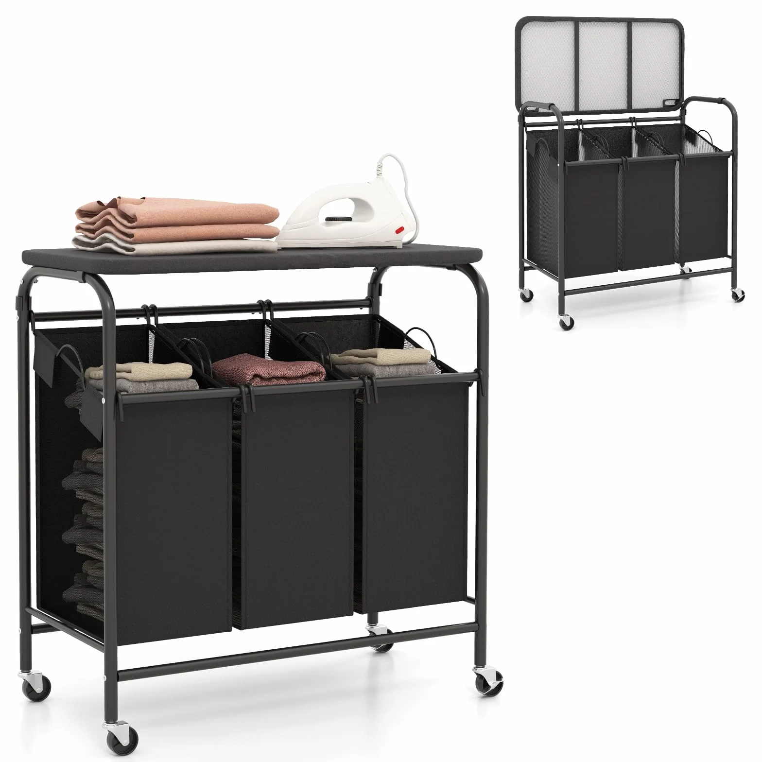 GIANTEX Clasificador de Ropa con 3 Bolsas Extraíbles, 80,5 x 41,5 x 87,5 cm, Cesta de Colada con Tablero Superior y Ruedas, Mueble de Almacenamiento para Baño, Lavandería, Negro
