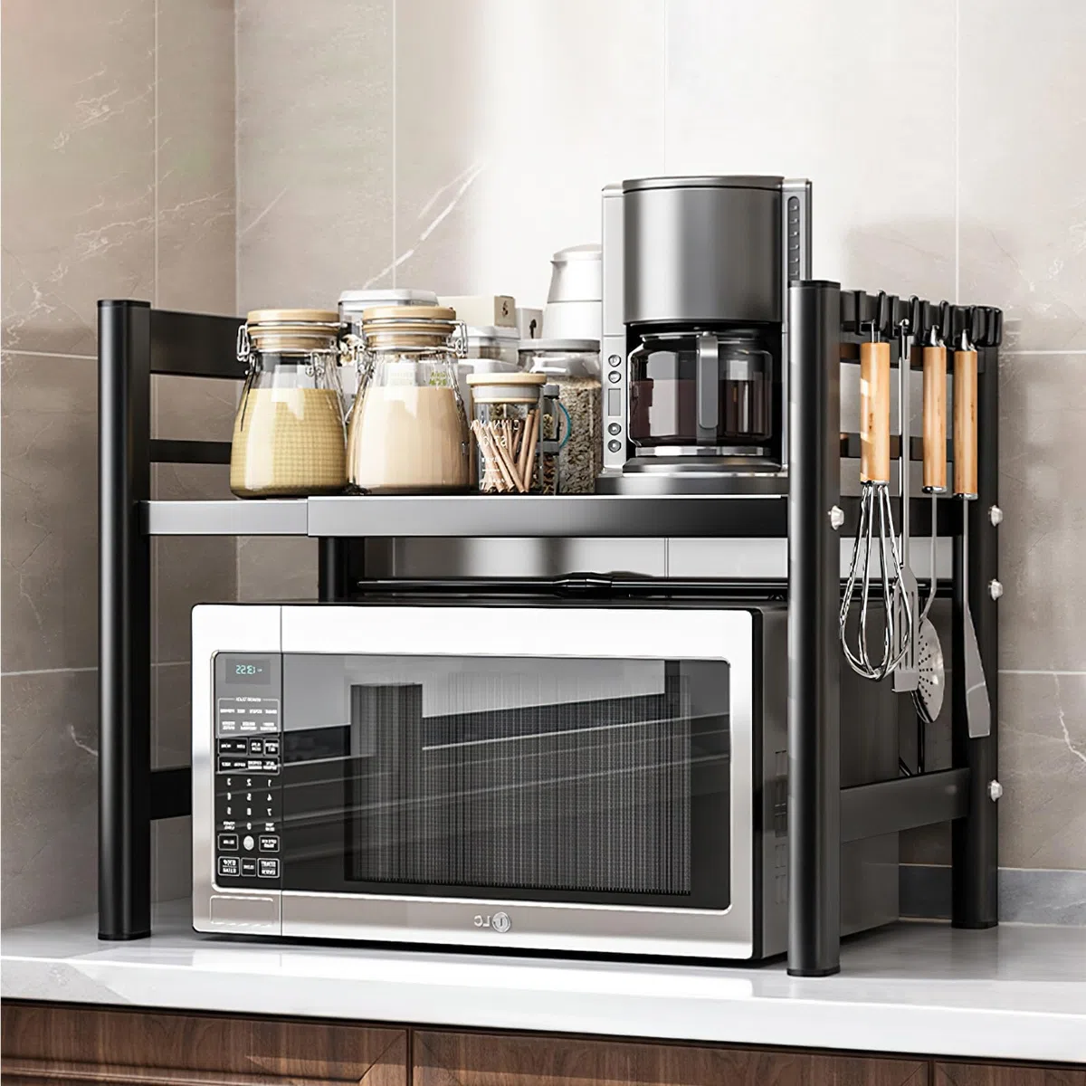 Auauraintt 2 Niveles Soporte Extensible para Microondas de,con 6 Ganchos,Retráctil de 40 a 64 cm Apto para Soporte de microondas y Soporte de Horno de Cocina,Negro