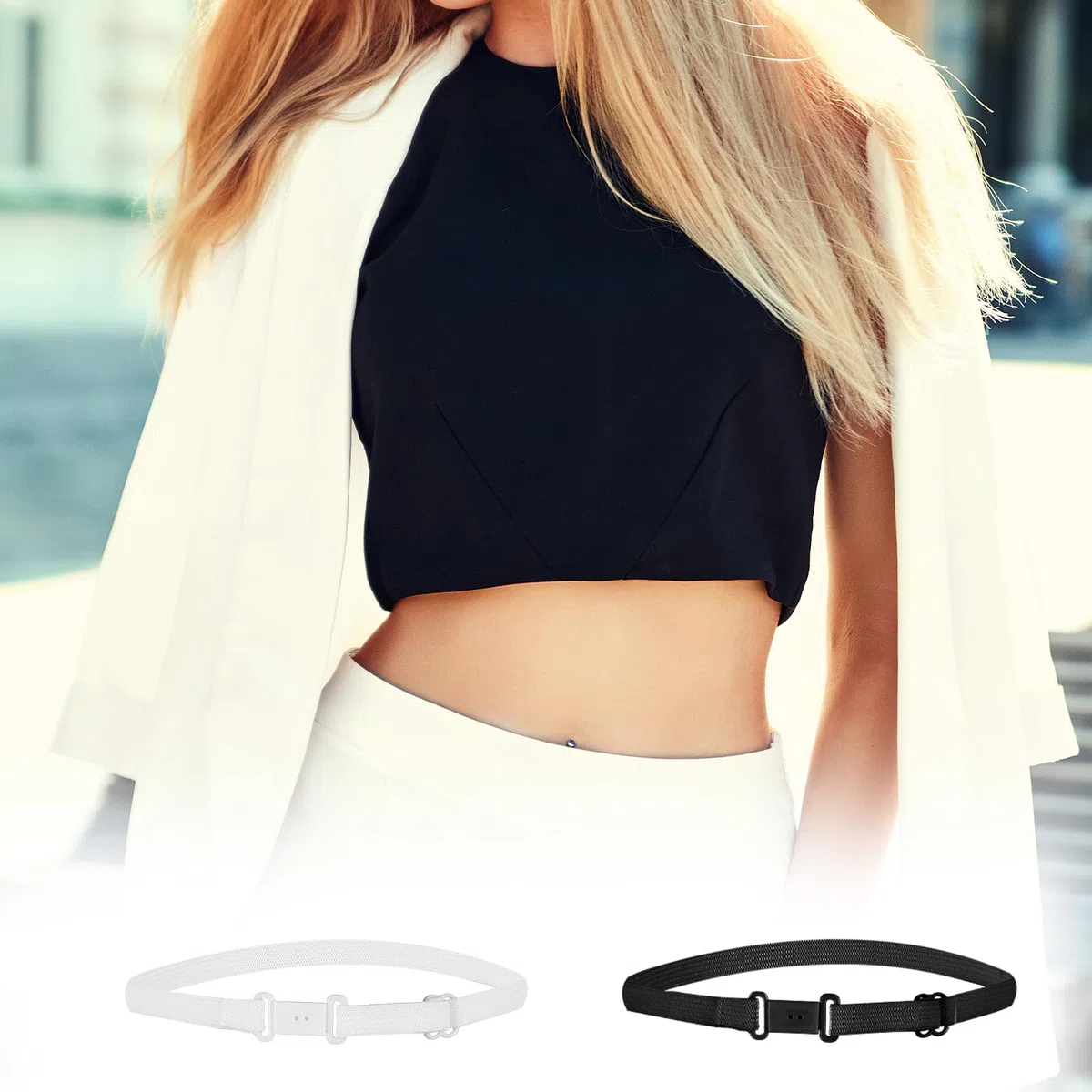 4 bandas elásticas ajustables para camisas, bandas para camisas de mujer, bandas de corte para camisas, Blanco/Negro, Talla única