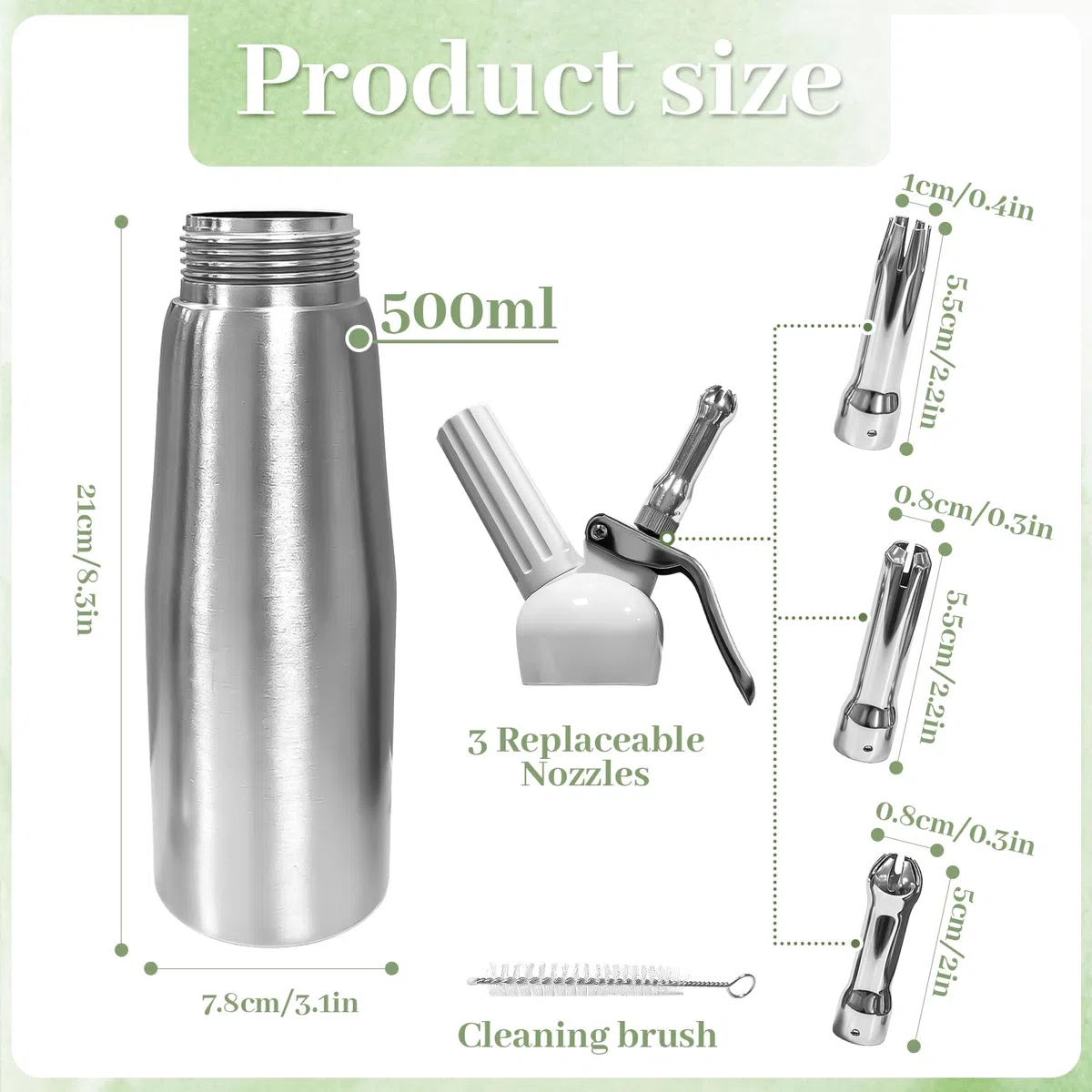 Sifon Cocina, para Nata Cocinar, Nata para Montar, Mousse, Pastel, Café, Postres, Sifón Cocina Nata, 500 mL, Acero Inoxidable de Grado Alimenticio, 3 Boquillas + 1 Cepillo Limpieza (A)