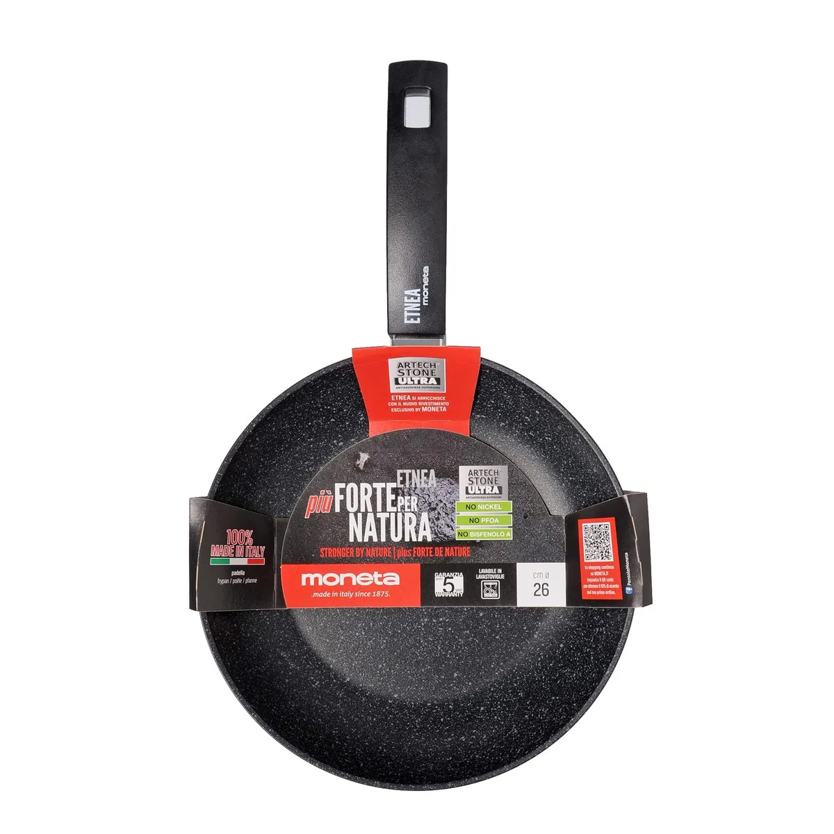 Moneta Sartén Etnea con Superficie de Piedra Antiadherente y con Revestimiento Antirayaduras, Mayoría de Las Cocinas, Apta para el Lavavajillas, Diámetro 26 cm, Negro