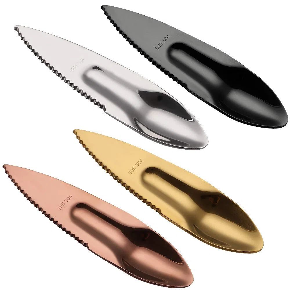 Cuchillo de cuchara Kiwi Ansaw 2 en 1, cuchara peladora de frutas, reutilizable, acero inoxidable, multiuso para uso doméstico, cocina y viaje, juego de 4