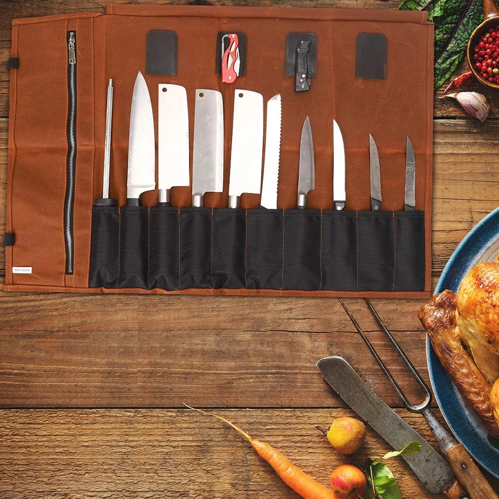 Bolsa para cuchillos de chef, lona encerada de 16 onzas, bolsa impermeable con cierre, 15 ranuras para utensilios de cocina, bolsa de almacenamiento, regalo para papá y marido, caqui, 74*47cm