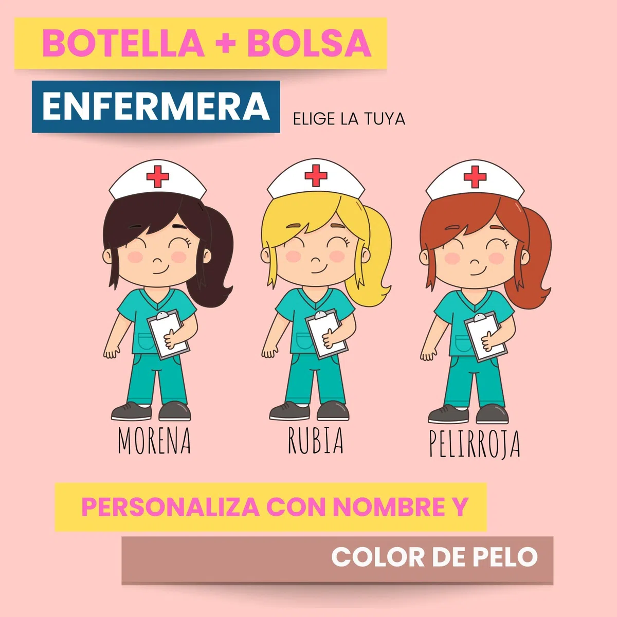 Pack Botella termica + Bolsa personalizada con ilustracion de enfermera, regalo para enfermera ideal, elige el color de pelo y el nombre. (Botella enfermera Morena personalizada)
