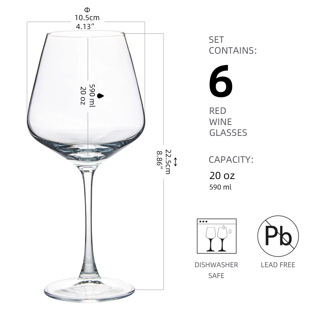 YANGNAY Copas de vino (juego de 6, 20 onzas), grandes copas de vino burdeos transparentes para vino tinto, borde liso, aptas para lavavajillas