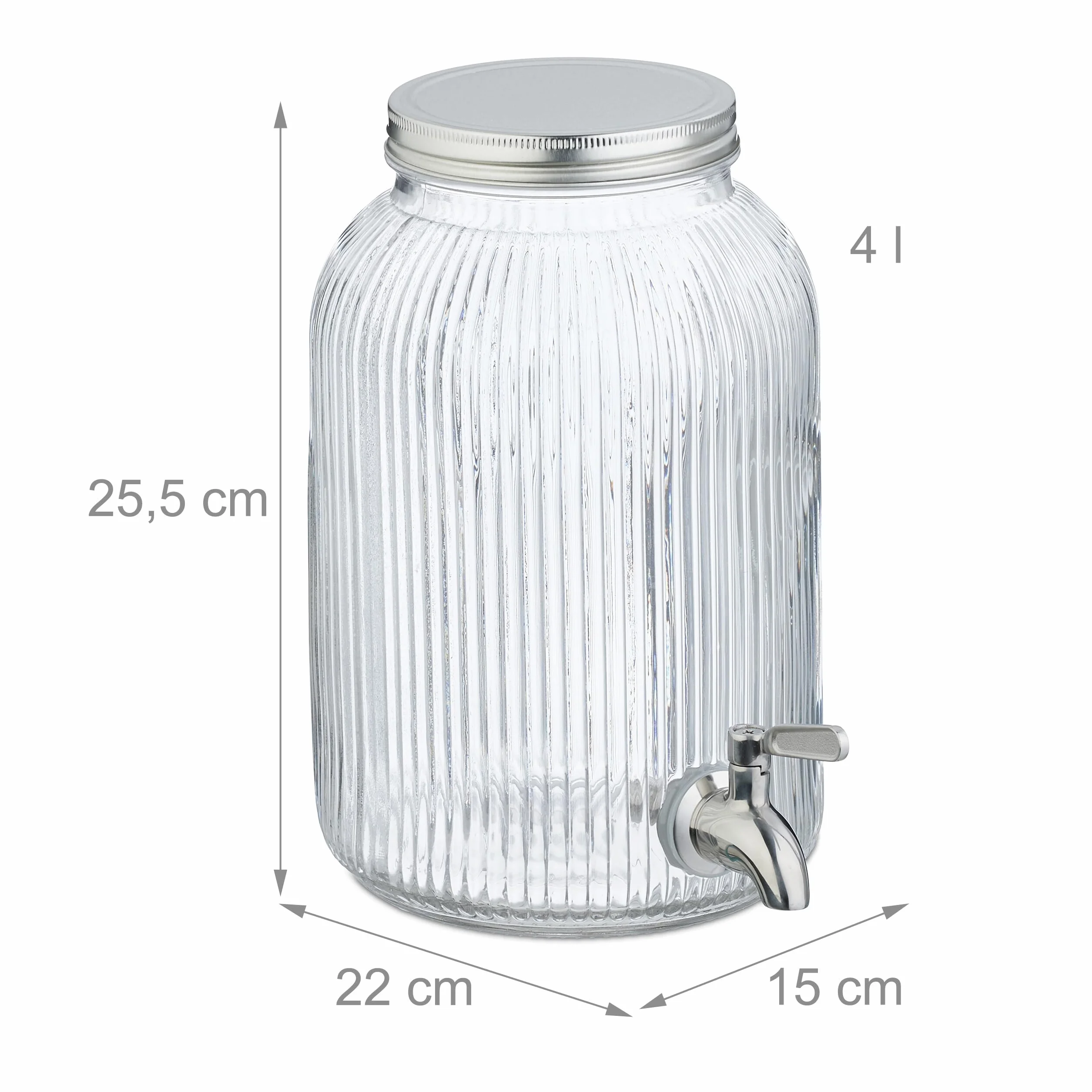 Relaxdays Dispensador de Bebidas, Recipiente para Limonada 4 L, Grifo y Tapa, Cristal y Acero Inoxidable, Transparente