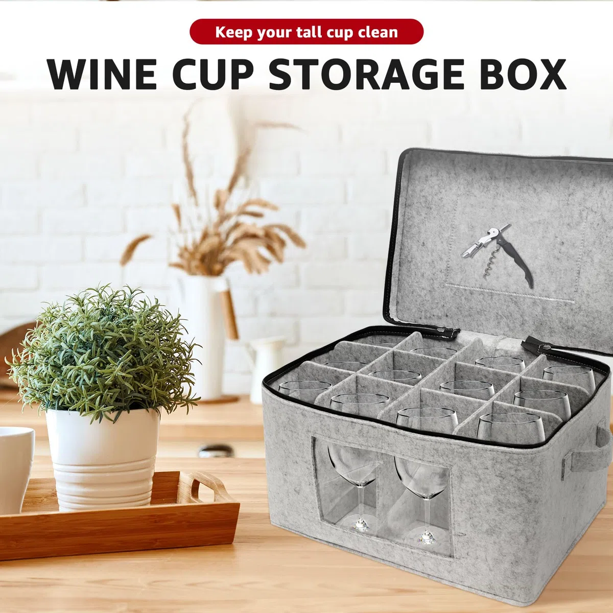 Caja de almacenamiento para copas de vino, organizador con 12 compartimentos y asa, ventana transparente, caja de cartón para 12 copas de vino, copas de vino tinto, copas de champán, copas