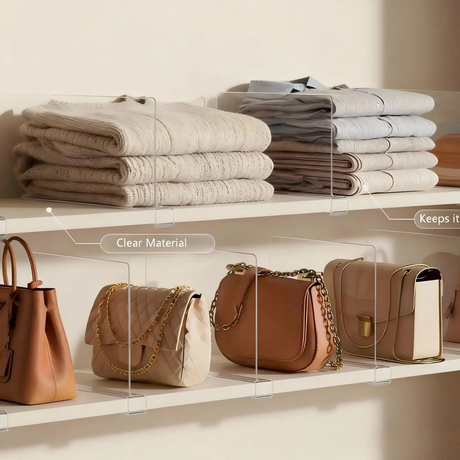 Separadores de estantes acrílicos transparentes, 6 unidades: organizador multifuncional de armario - 30 x 20 cm divisor de estantes - Separador de armario ajustable para armario, dormitorio,