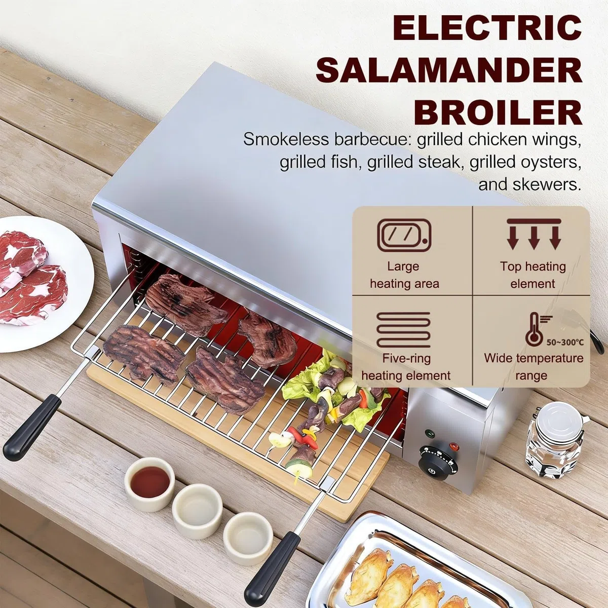 2000W Grill Salamandra Eléctrico,horno pizza electrico para Fundir Queso de Acero Inoxidable con 4 Alturas Ajustables,Temperatura ajustable 50-300 grados para BBQ, Pizza, Parrilladas de Filetes(220V)
