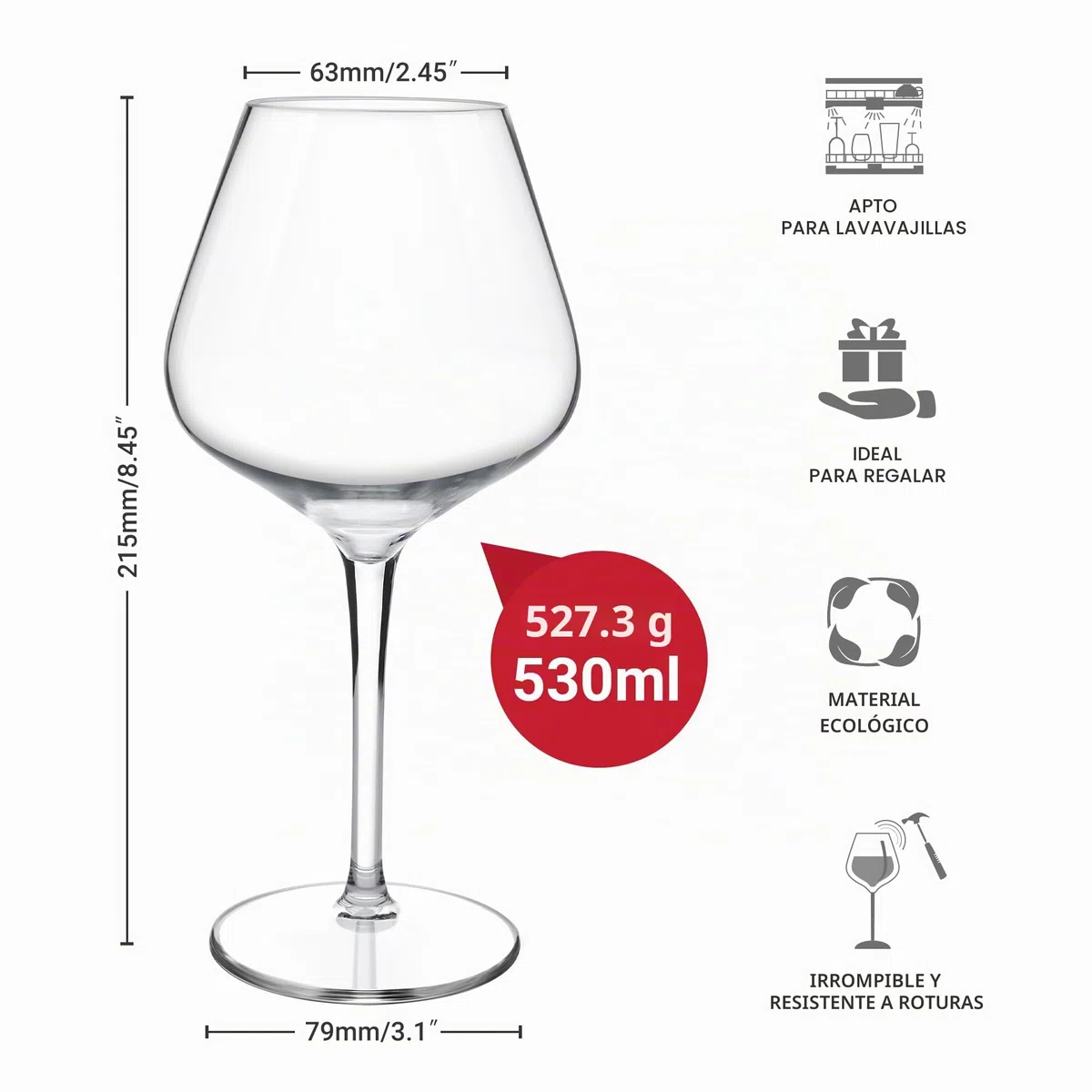 HAHASHOW Copas de Vino Tinto de Plástico Tritan Irrompibles Transparentes,530ml Juego de Vasos de Vino Inastillables Aptos Para Lavavajillas,Restaurantes y Fiestas, Juego de 4