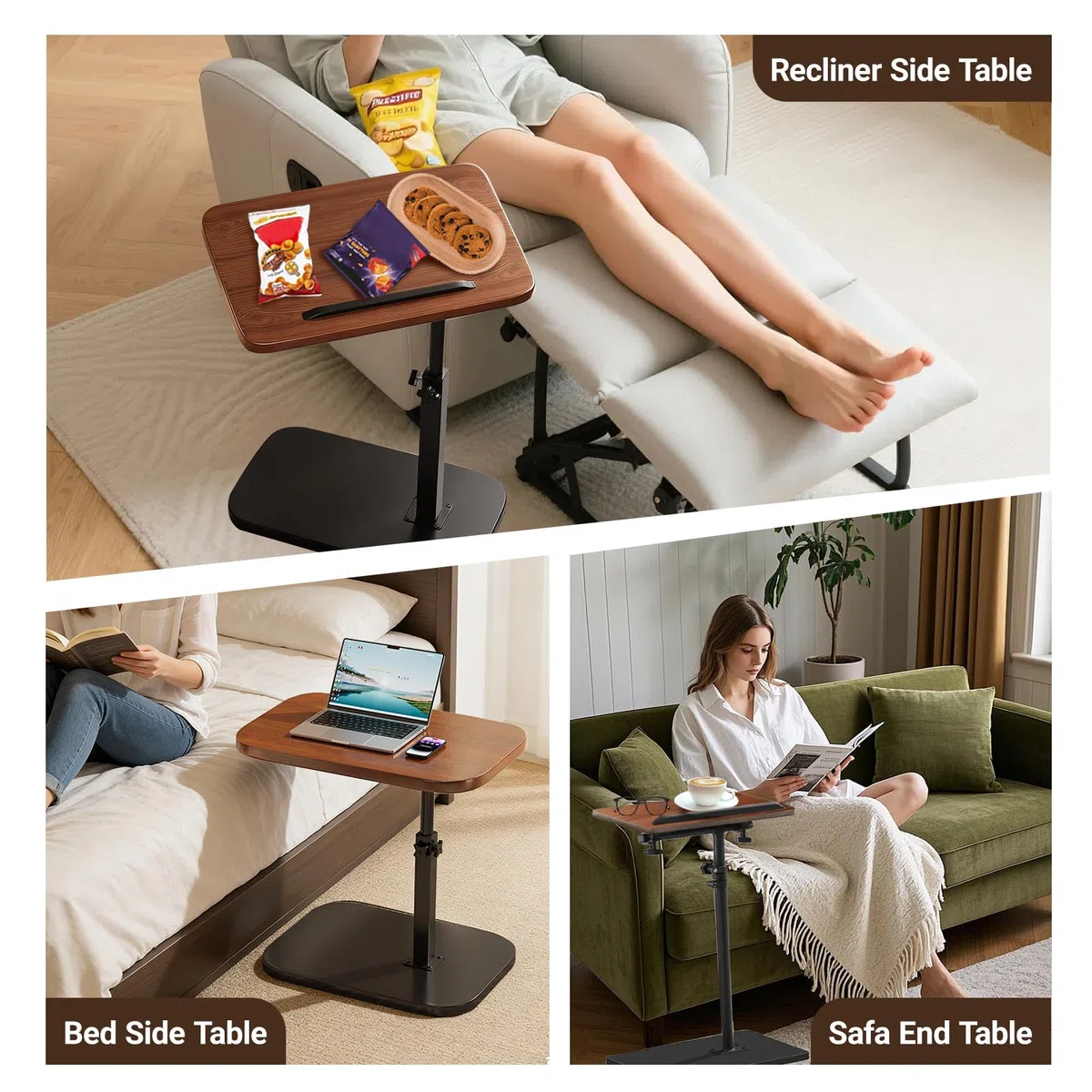 Mesa auxiliar en forma de C, pequeña mesa auxiliar redonda para café, aperitivos, plantas, mesas auxiliares de madera en forma de C, pequeña mesa de sofá para salón, dormitorio, oficina