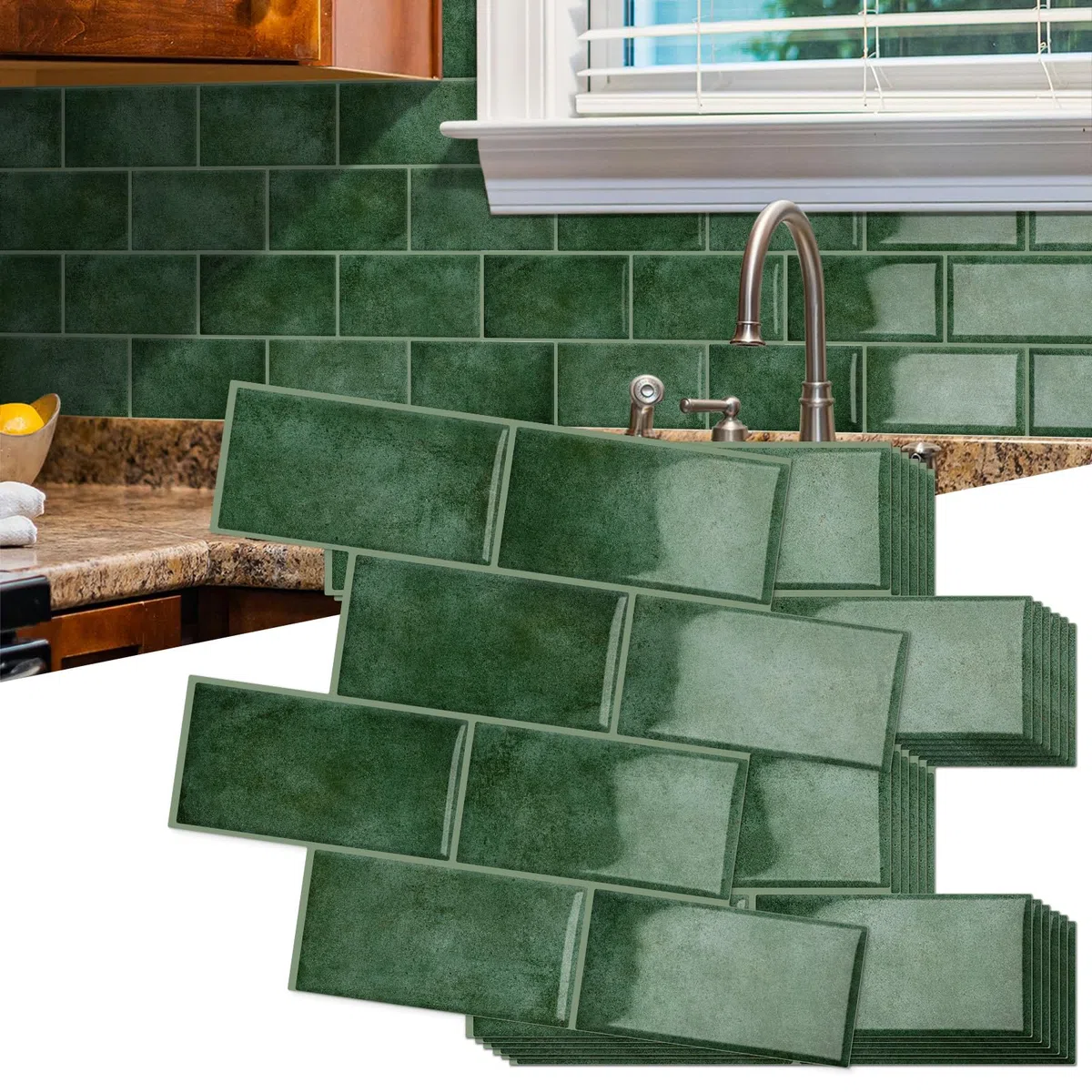 10-Piezas 3D Metro Adhesivo Grueso Azulejos Adhesivos Cocina | Autoadhesivos Vinilo Baldosas Azulejos Adhesivos, Baldosa Cuarto de baño Pared (Verde Claro,32 x 26.9CM)