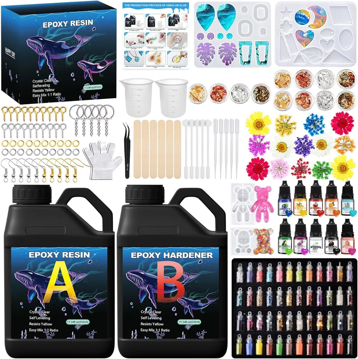 Resina Epoxi 1020 ml,Resina Epoxi Transparente,1: 1 Relación Resina Epoxi Kit,con Pigmento e Endurecedor,Moldes de Silicona,para Bricolaje,Artesanía, hacer Colgante,Llavero