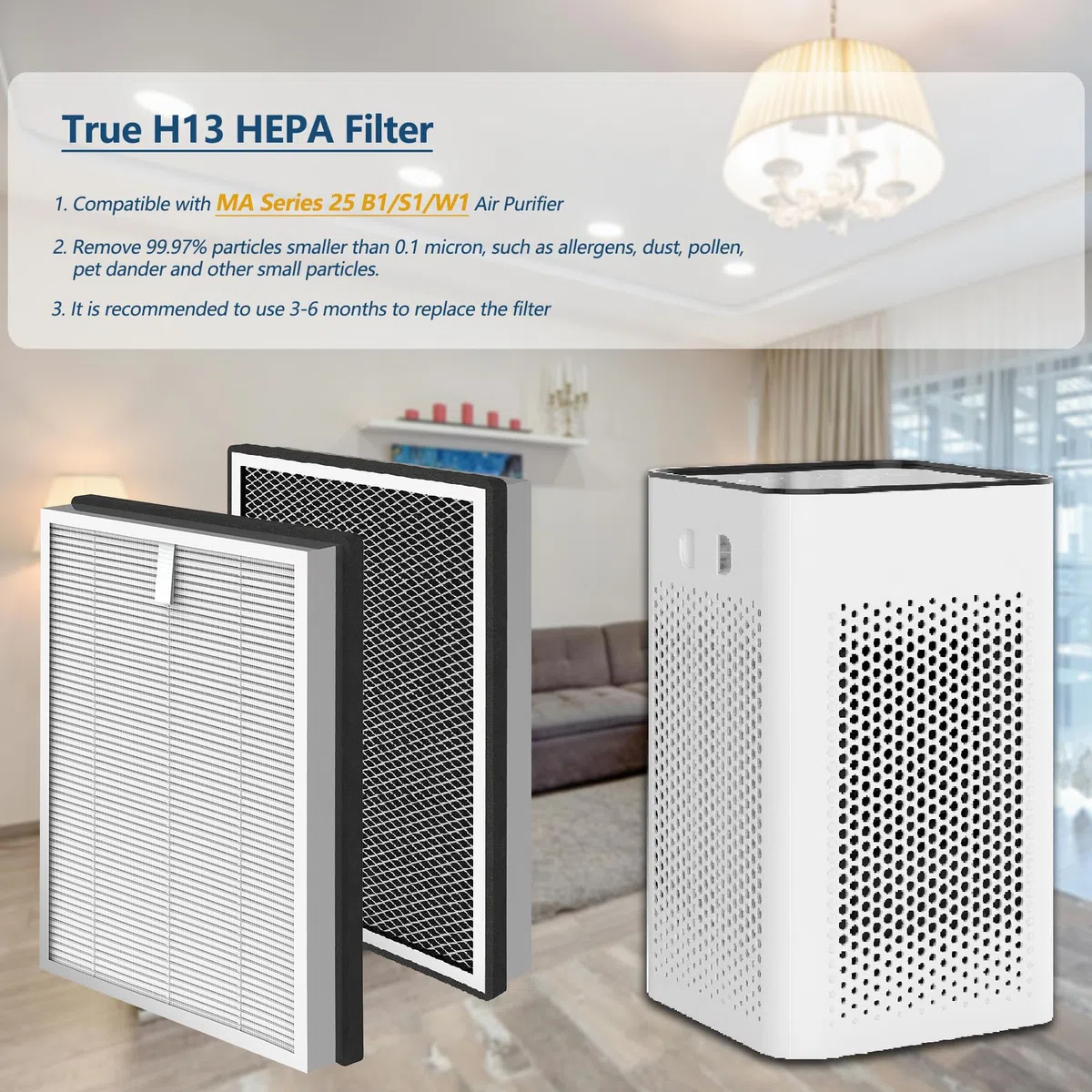 Paquete de 8 filtros de repuesto MA-25 compatibles con purificador de aire MA-25 B1/S1/W1, 3 en 1 True Hepa y filtro de carbón activado