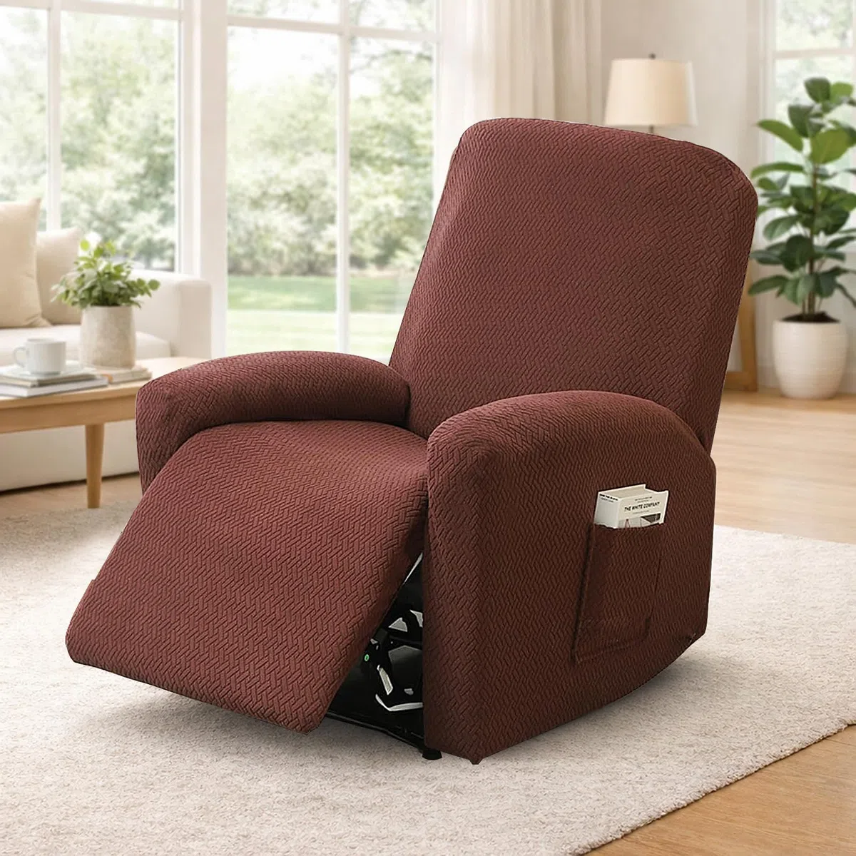 MeYuxg Funda Sillon Relax Reclinable, 4 Piezas Funda Butaca 1 Plaza Elástica Antideslizante, con Protectores para Reposabrazos y Bolsillos Laterales (Café Profundo)