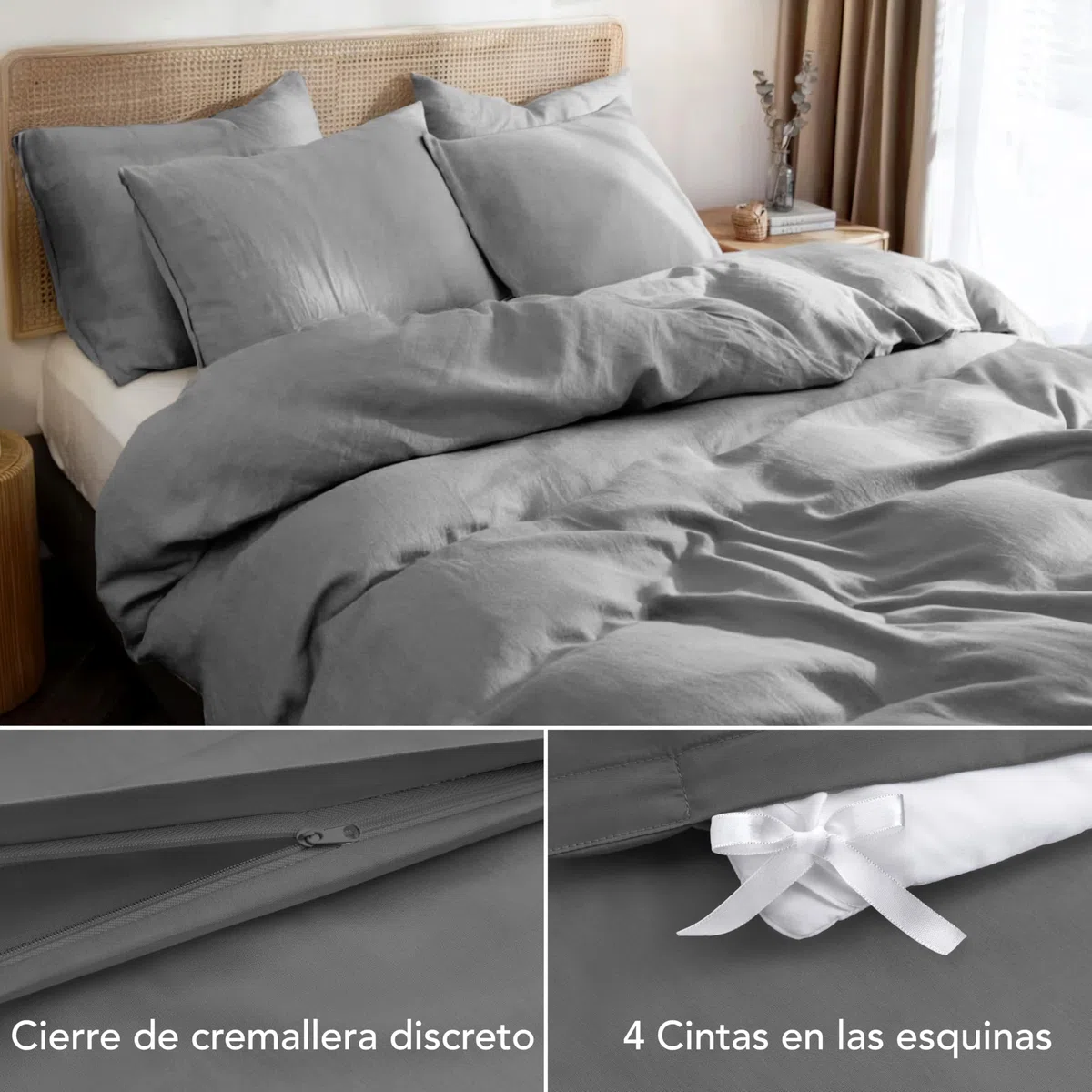 Dreamzie Funda Nordica Cama 180 de Algodon Percal – Antracita – Ropa de Cama 200x200, 1 Funda Nórdica + 2 Fundas de Almohada 80x80 – 3 Piezas