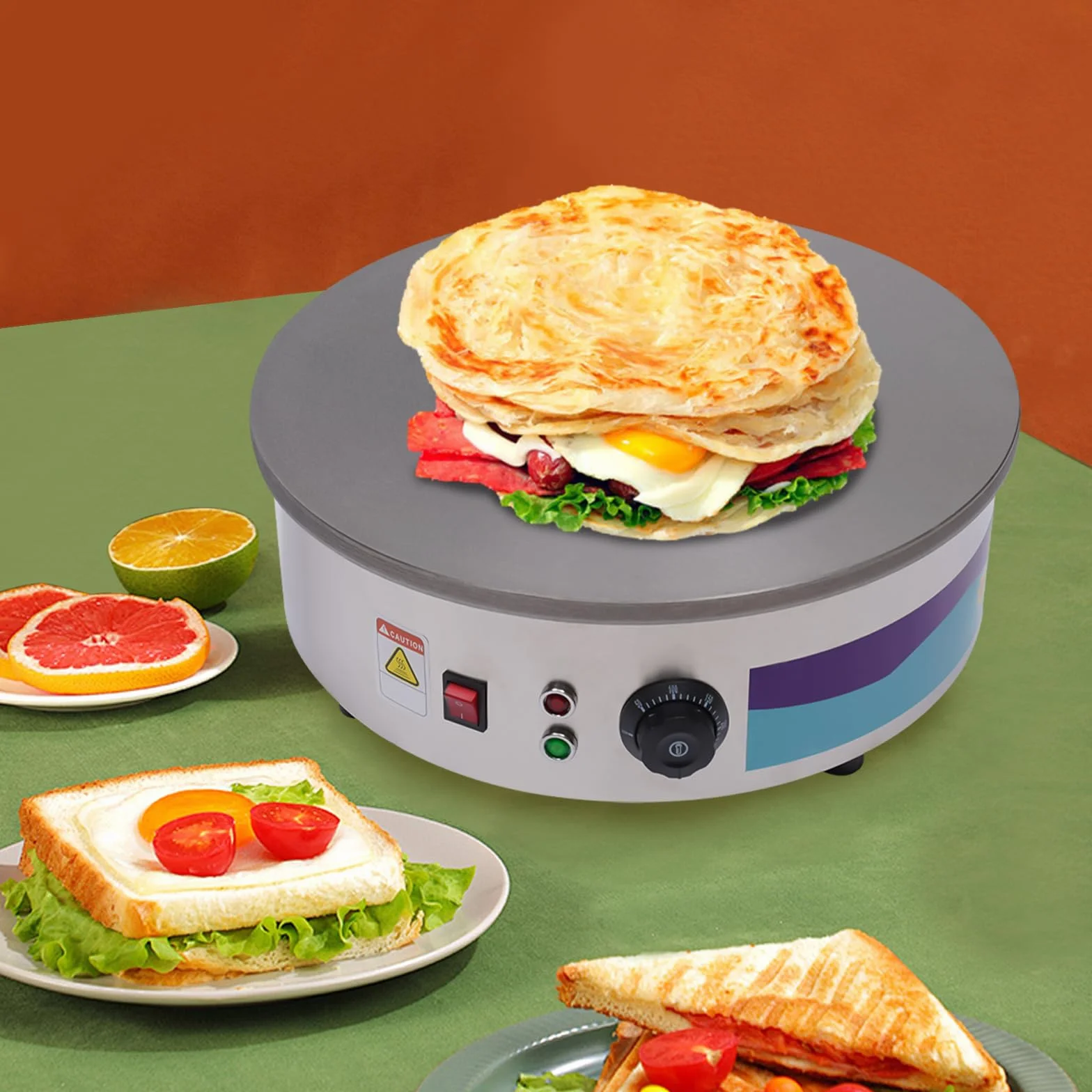 Máquina para crepes, 3000 W, crepera eléctrica de hierro fundido, gran placa calefactora Ø45 cm, temperatura ajustable, con dispersión y espátula para hornear panqueques, tocino, huevos, panqueques