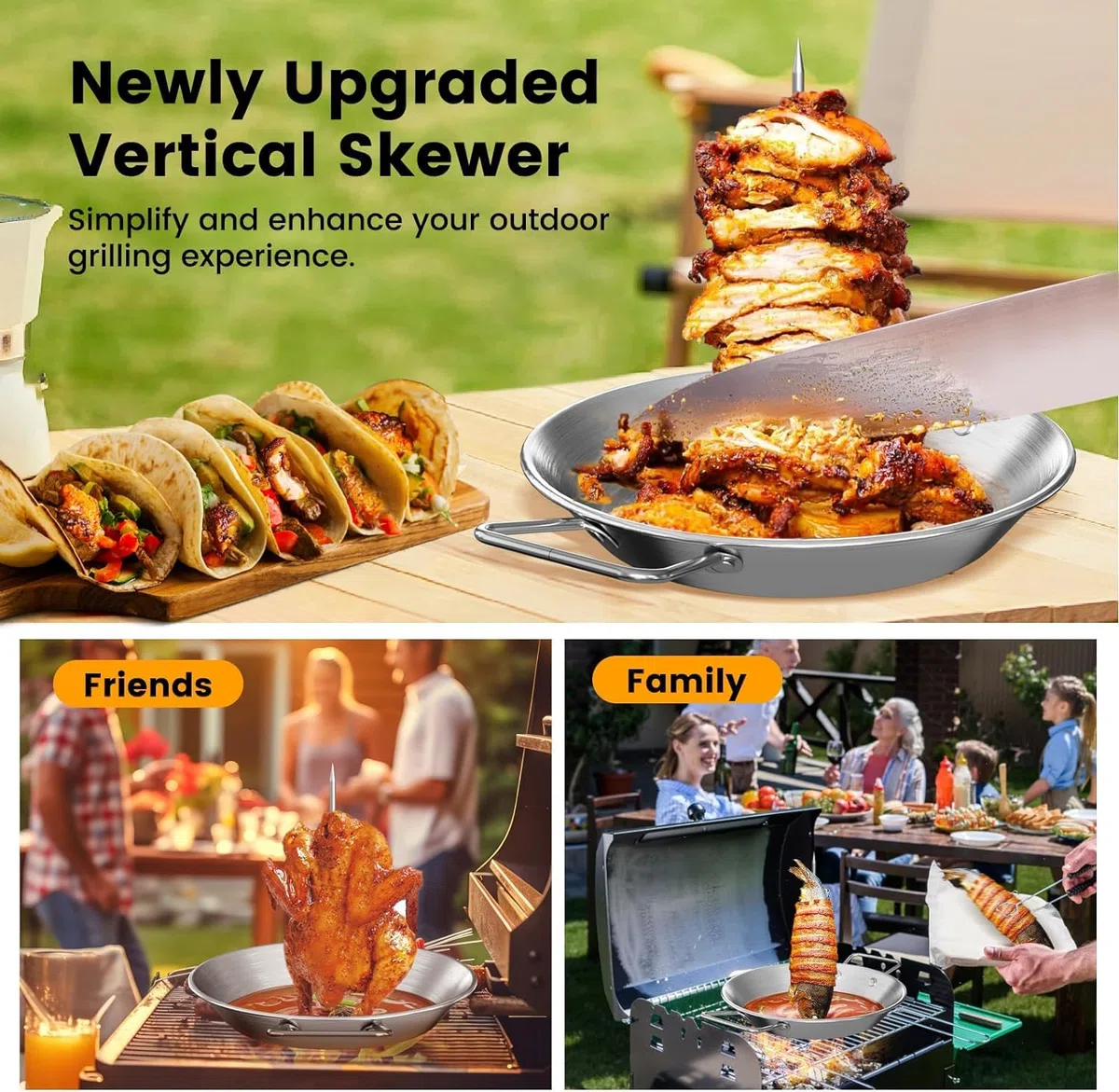 Pipihome Brocheta vertical, Kebab De Acero Inoxidable con 3 Picos De Repuesto Para Barbacoa, Pincho Doner Kebab Para Pavo, Kebab (A)