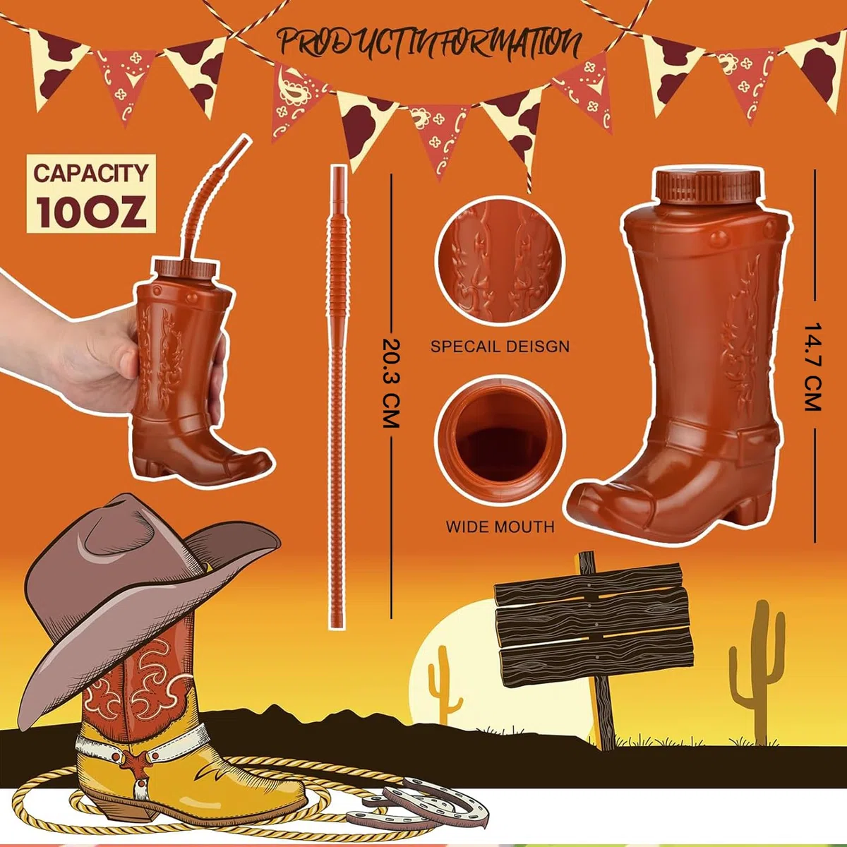 ALINK Tazas de barco vaquero con pajitas y tapas, 12 tazas de vaquero de 10 oz para rodeo occidental temática fiesta favorita, cumpleaños, vacaciones, eventos, accesorios y decoraciones - marrón