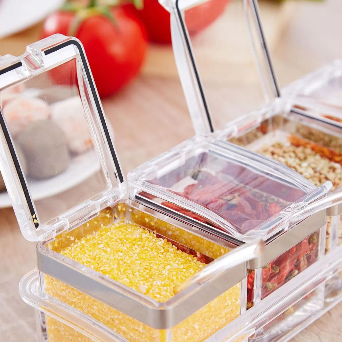 Caja de condimentos transparente de 4 celdas, caja de condimentos acrílica, macetas con cuchara para azúcar, sal, azúcar, cardamomo, canela