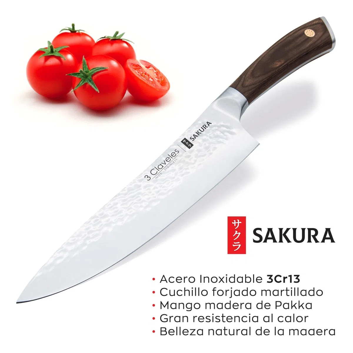 3 Claveles Juego de 3 Cuchillos Profesionales con Hoja Martilleada y Taco de Madera (3X Sakura Plus)