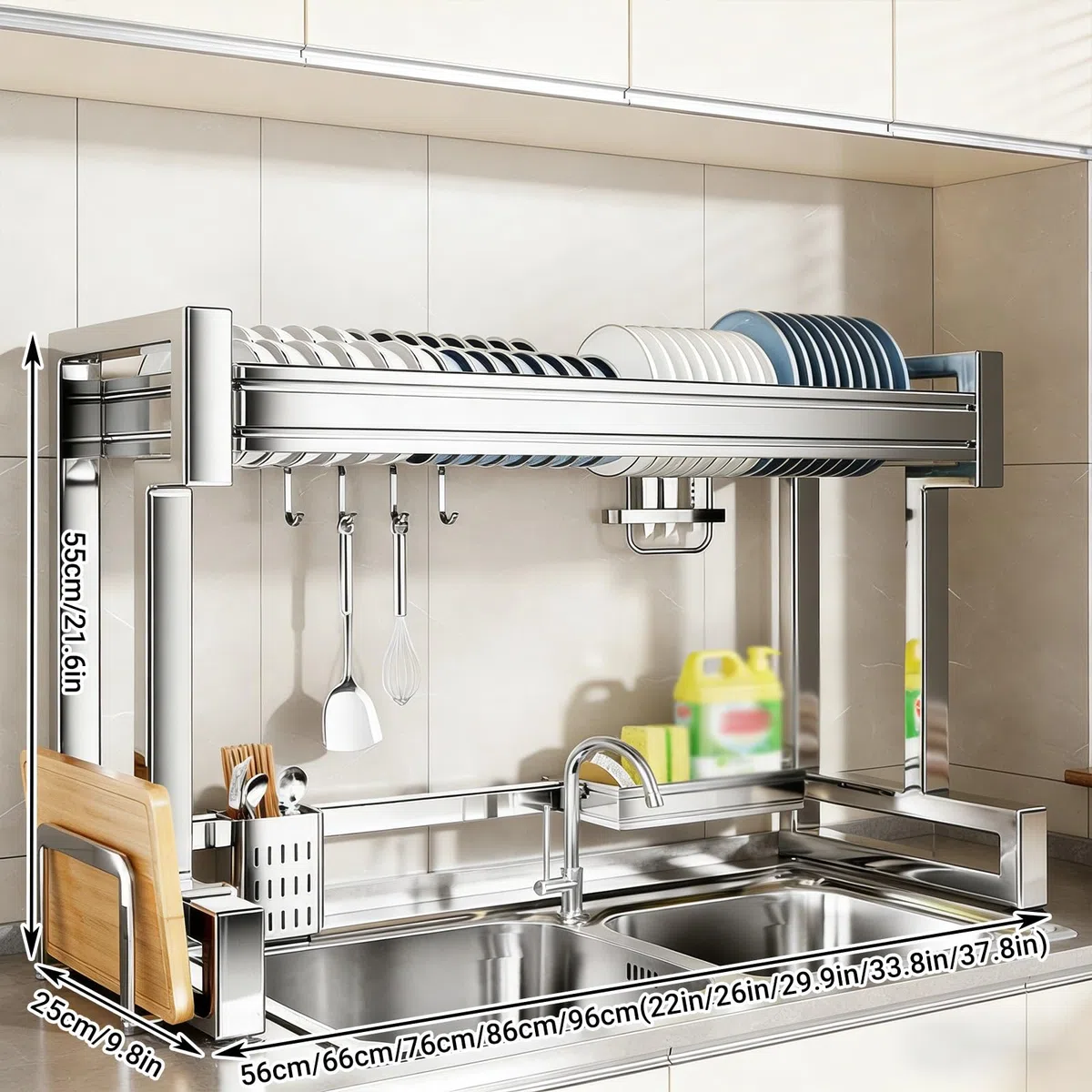 Escurridor de platos de acero inoxidable 304 que ahorra espacio para almacenamiento de cocina, platos, vasos, cubiertos