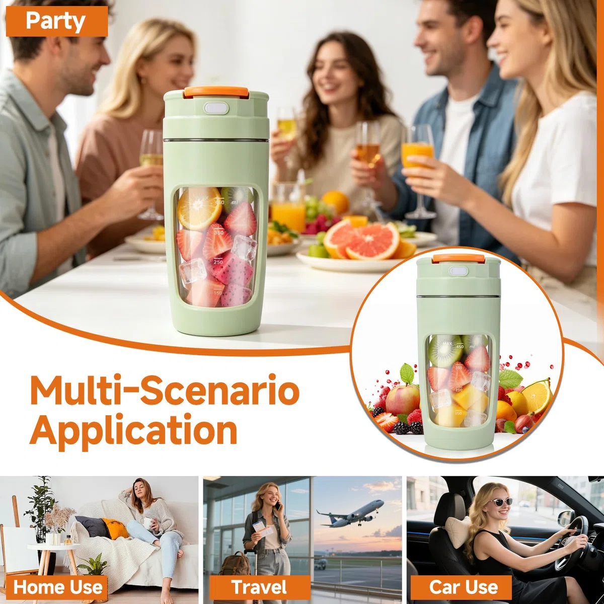 Batidora Portátil, 500ML Recargable Mini Licuadora con 4 Cuchillas de Acero Inoxidable, Vaso de Viaje con Tapa Antigoteo, Ideal para Smoothies, Batidos, Zumos, Picar Hielo y Frutas Congeladas