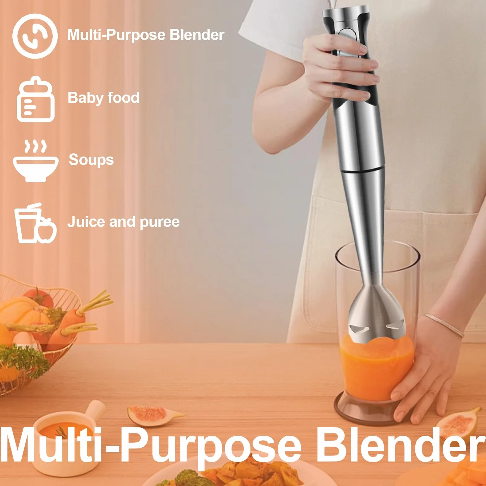 Batidora de Mano 6 en 1 Multifunción 1200W Batidora de Mano Eléctrica Velocidad Regulable en Acero Inoxidable con Función Antisalpicaduras para Carne Verduras etc Accesorios Incluidos