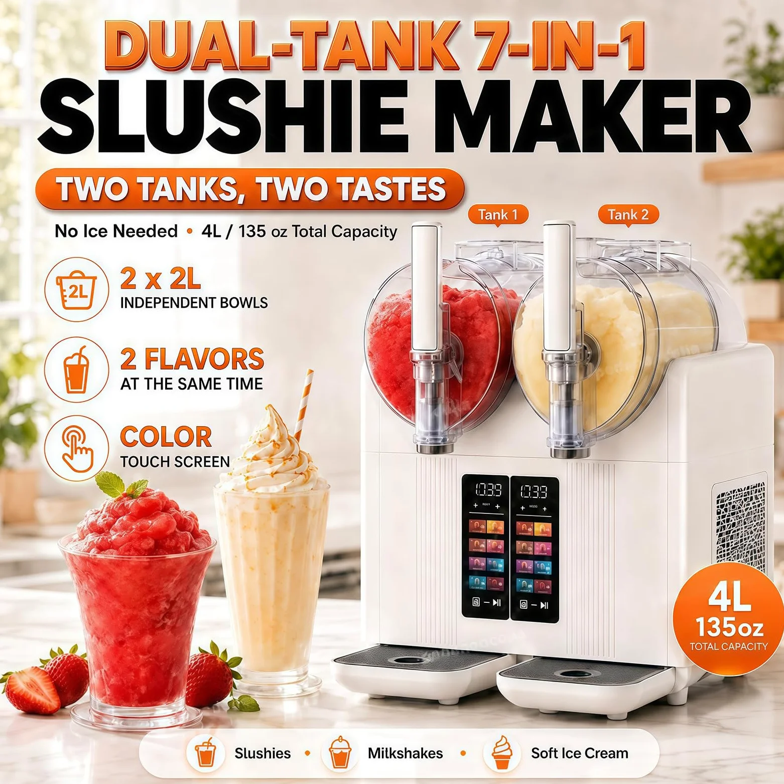 Máquina para Granizados y Slush 2 en 1, Máquina de Helado Soft Profesional con 2 Tanques, Dispensador Automático Táctil para Batidos, Smoothies, Helado y Bebidas Frías para Fiesta y Bar White