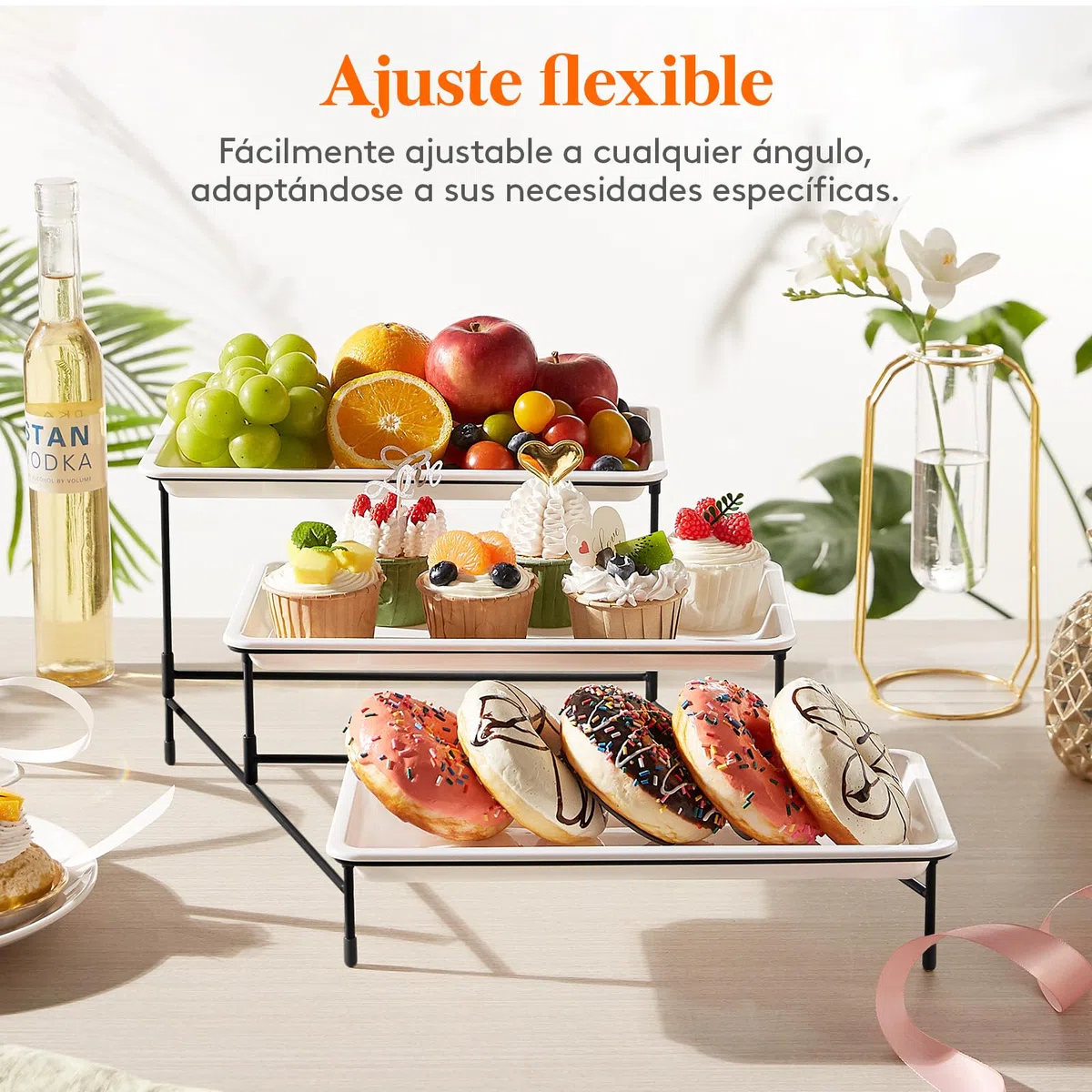 Bandeja de 3 Niveles para Fiestas Lifewit, Bandejas de plástico de 30x17cm para Alimentos, Bandejas Reutilizables Blancas con Soporte de exhibición de Metal Negro para Alimentos