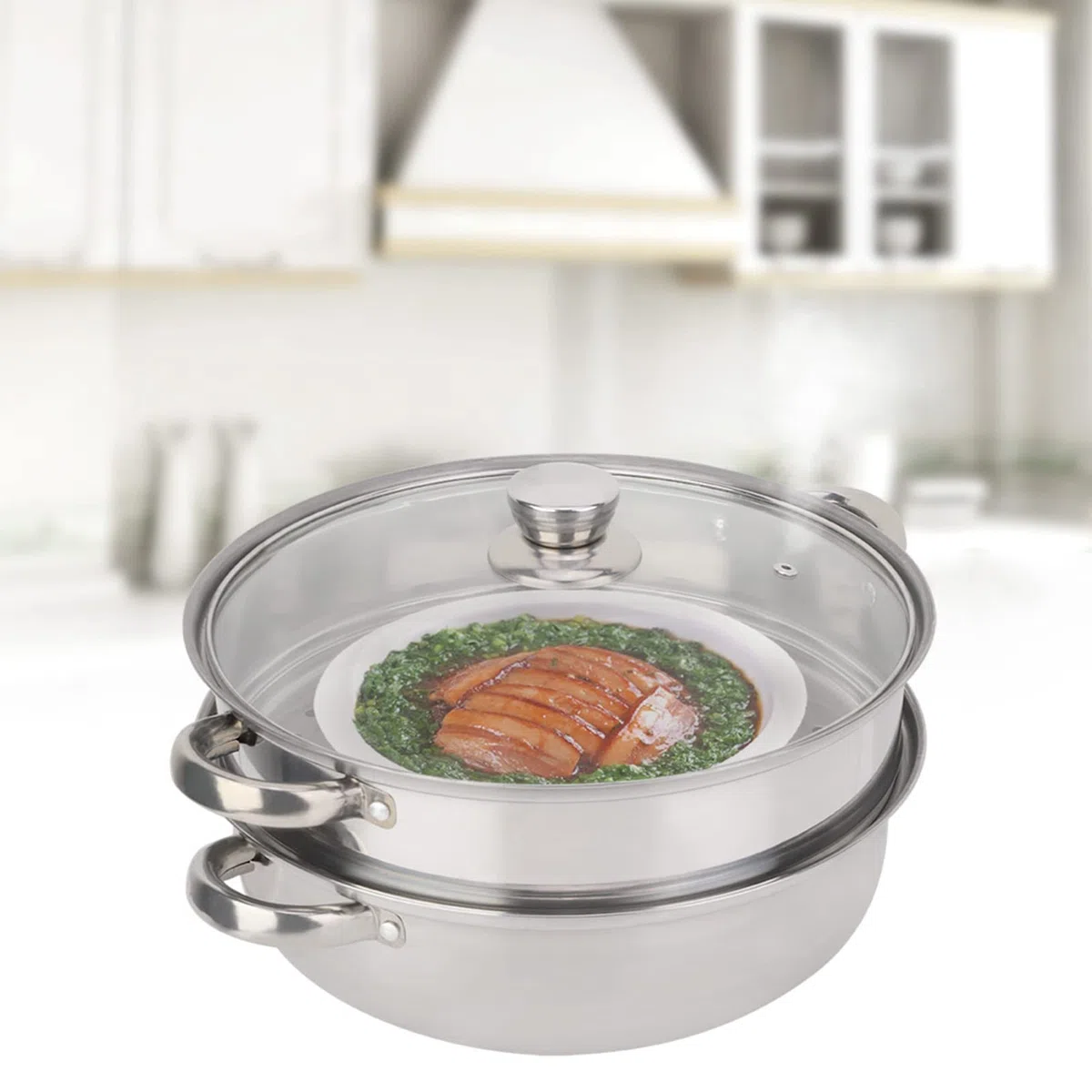 Olla de vapor de acero inoxidable de 2 capas para cocinar sopa al vapor y más, diseño de ahorro de energía de 27 cm con material de grado alimenticio, compartimento poroso para vapor y tapa de vidrio