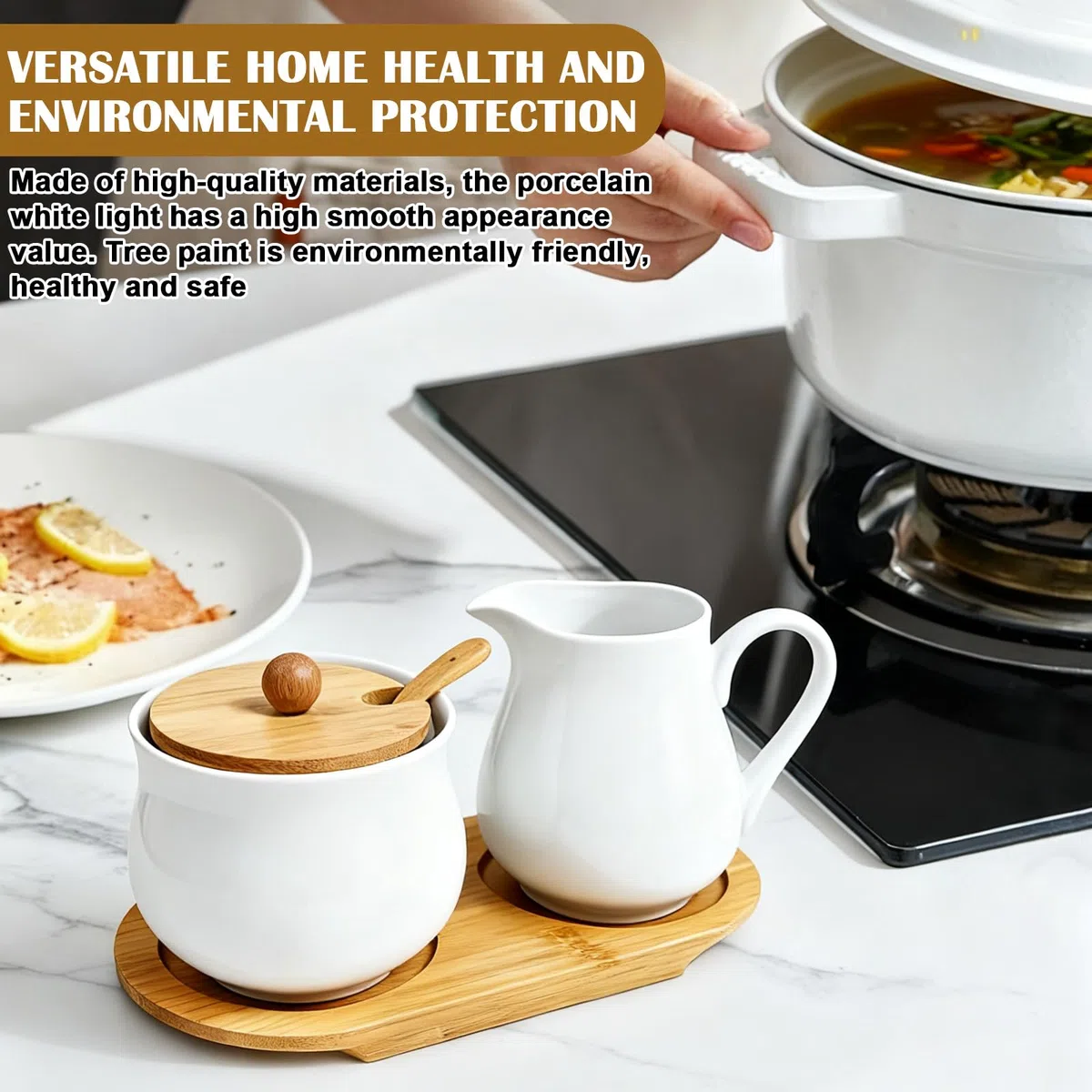 GBKDQQ Juego de leche y azúcar con tapa y cuchara, jarra de leche blanca de cerámica y azucarero con bandeja de madera, juego de azúcar para cocina, comedor, lavavajillas y microondas