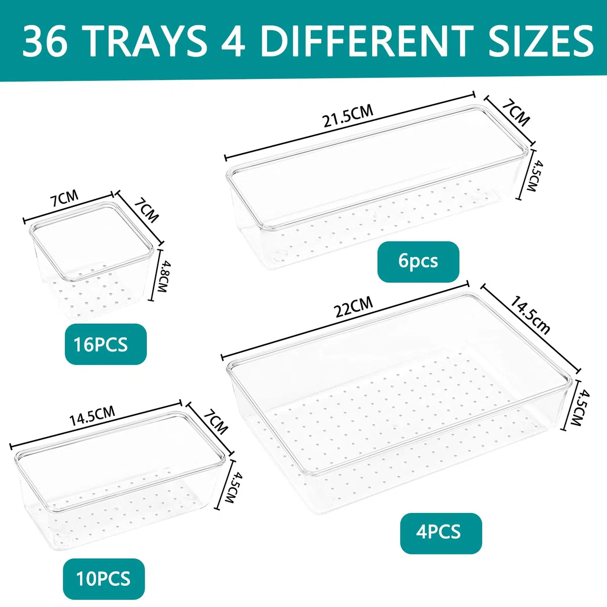 36 Piezas Organizadores de Cajones de Plástico Transparente, Organizador Maquillaje Organizador Cajones Escritorio de 4 Tamaños,Bandejas de Almacenaje Para Joyas, Oficina, Cocina,Baño