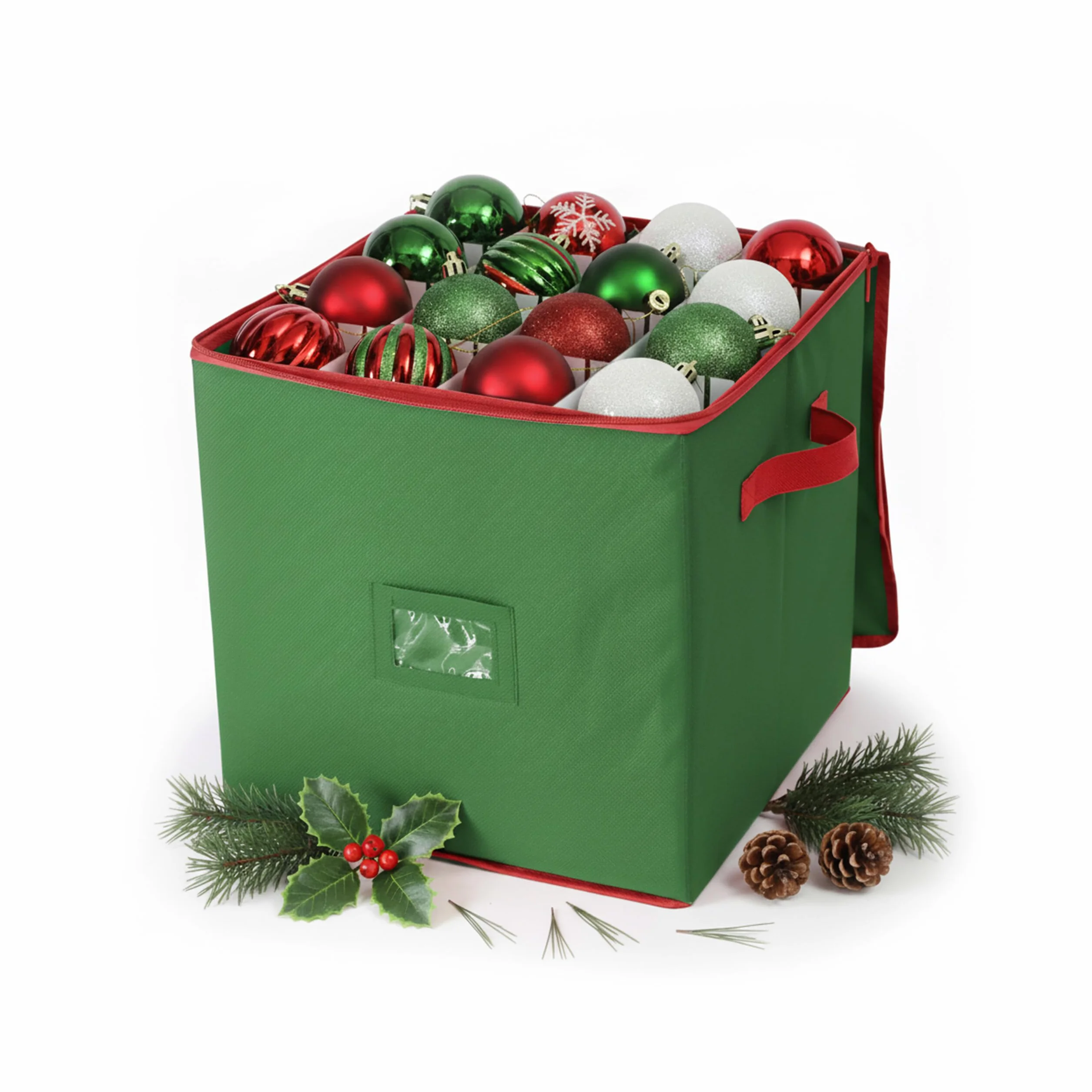 Caja organizadora para Adornos navideños Relaxdays, 64 Bolas, 33 x 33 x 33 cm, poliéster, cartón, Verde/Rojo