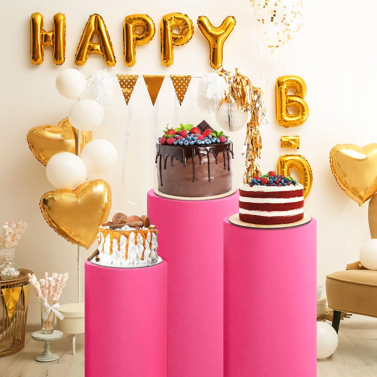 QUARKZMAN Juego De 3 Fundas Para Base De Cilindro Color Rojo Rosa, Funda Para Base De Pedestal Para Decoración De Fiestas, Solo Contiene Fundas De Cilindro (Tela Elástica - Grande)
